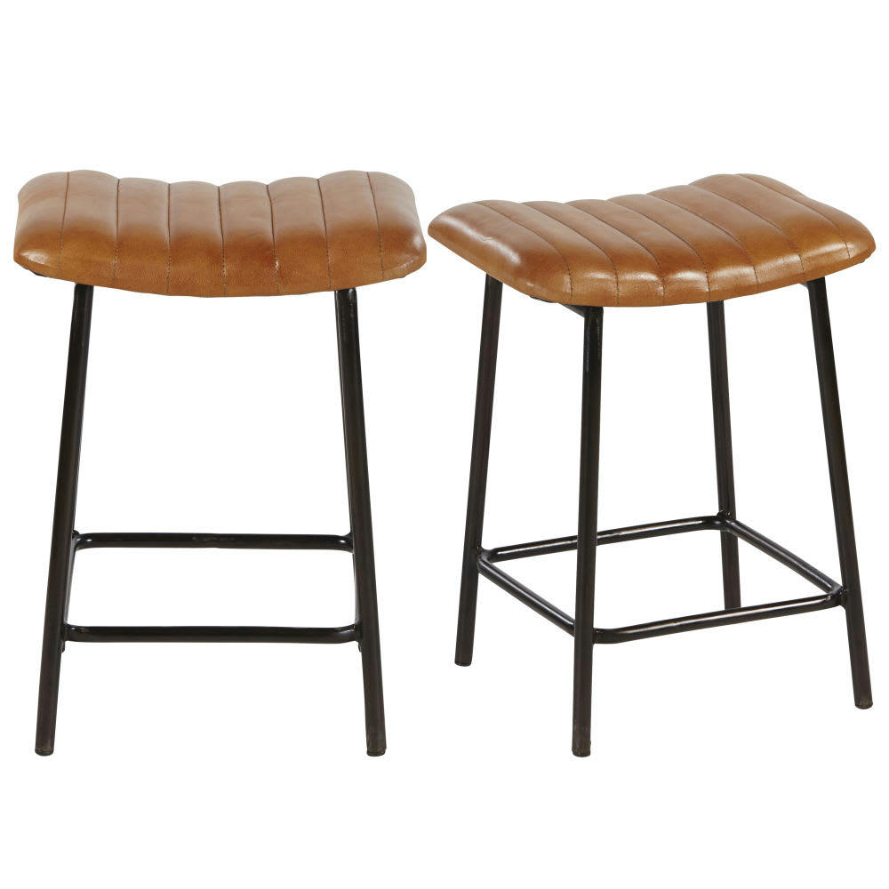 Dalston Business - Tabourets professionnels en cuir de chèvre marron et métal noir (x2)