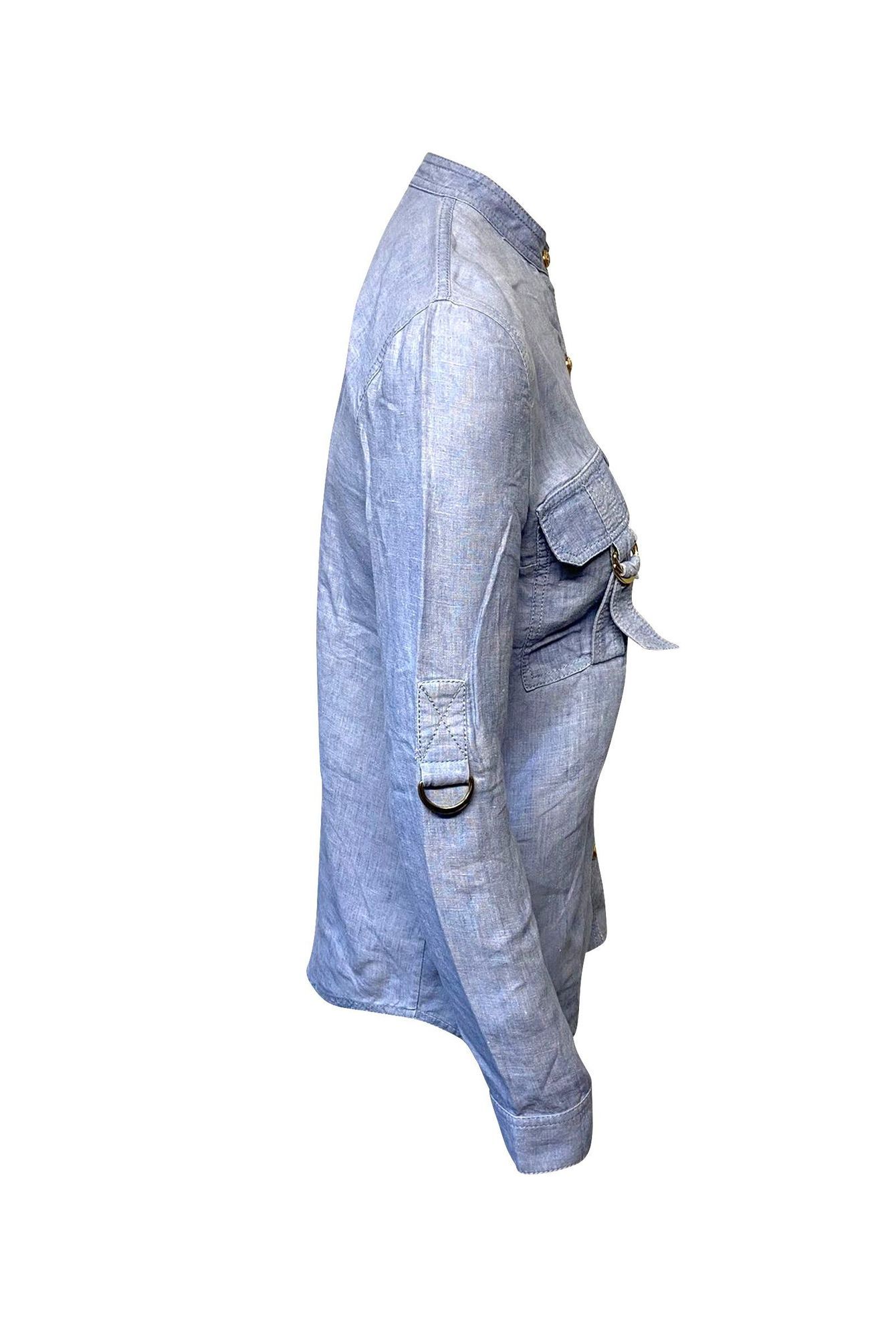 Balmain Preloved Shirt with Adjustable Sleeves with Pockets in Blue Linen