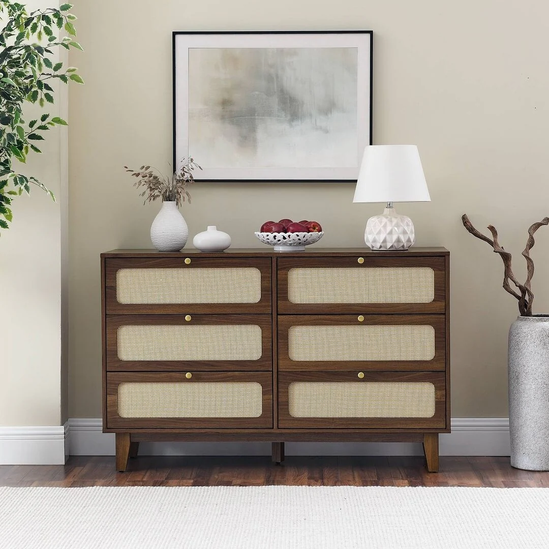Modern Rattan Solid Wood Dresser with 6 Drawers for Bedroom