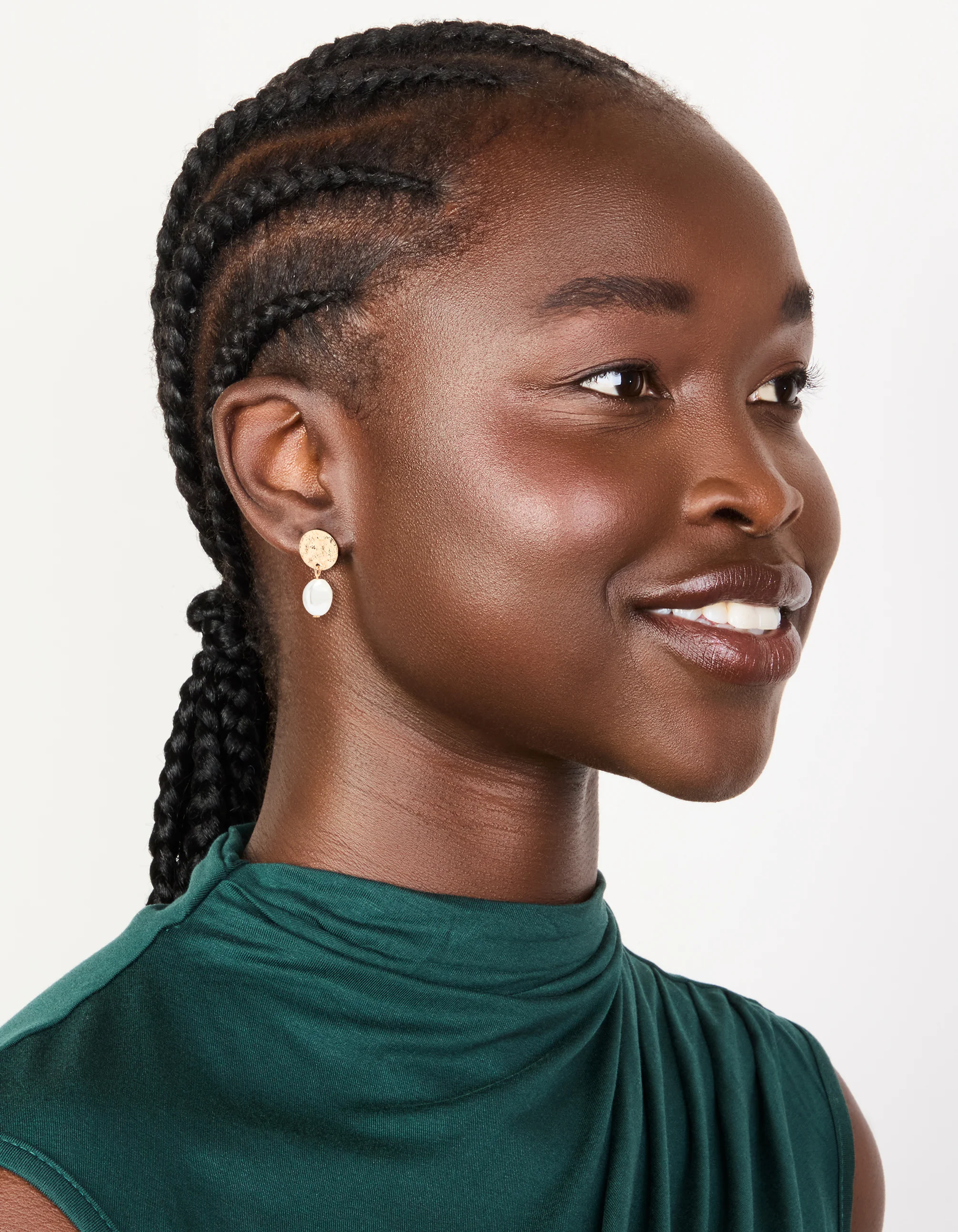 Gold Pearl Hammered Diac Drop Stud Earrings
