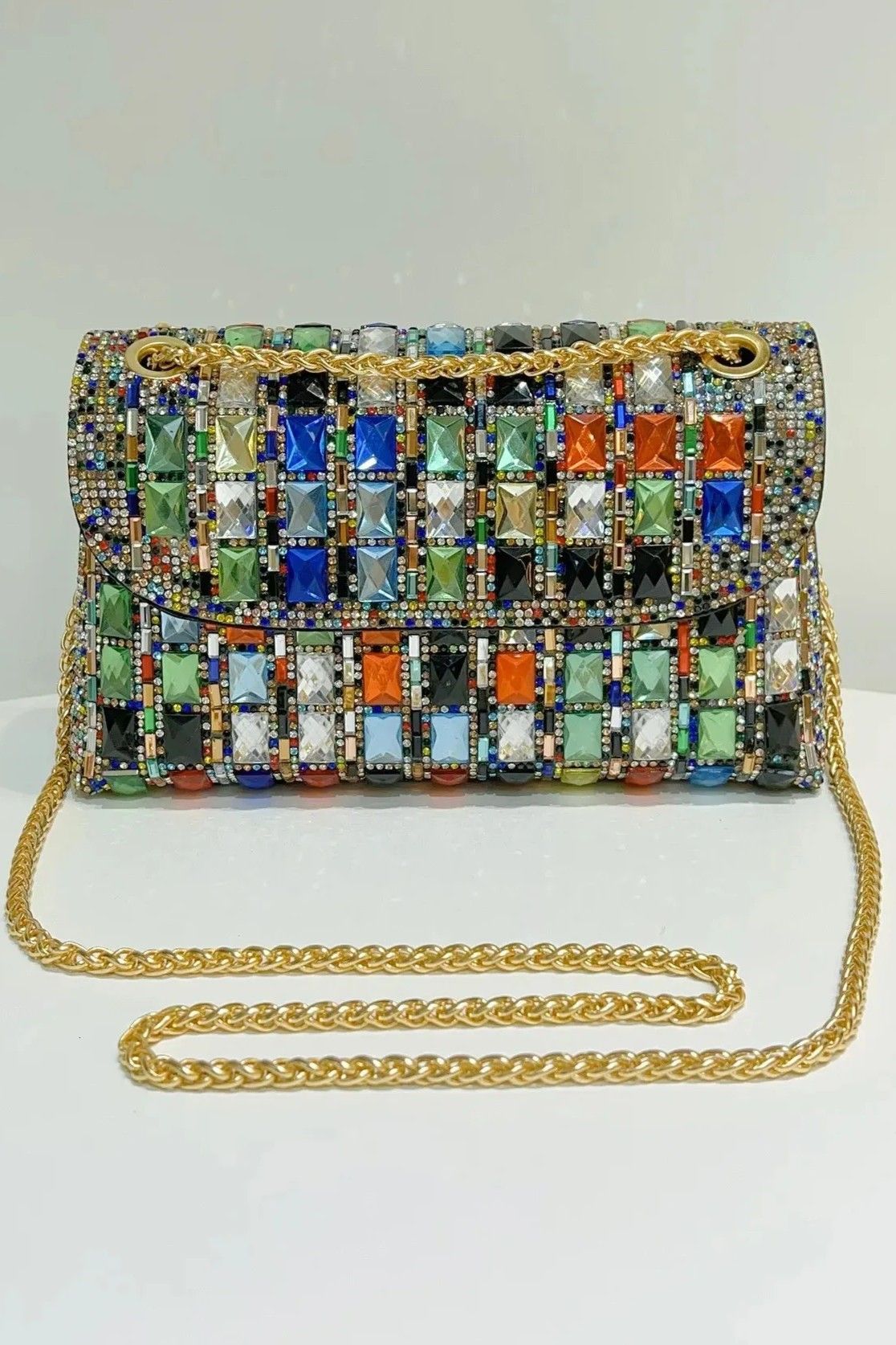 PEACH ACCESSORIES Geometric Multicoloured Rhinestone Clutch Bag