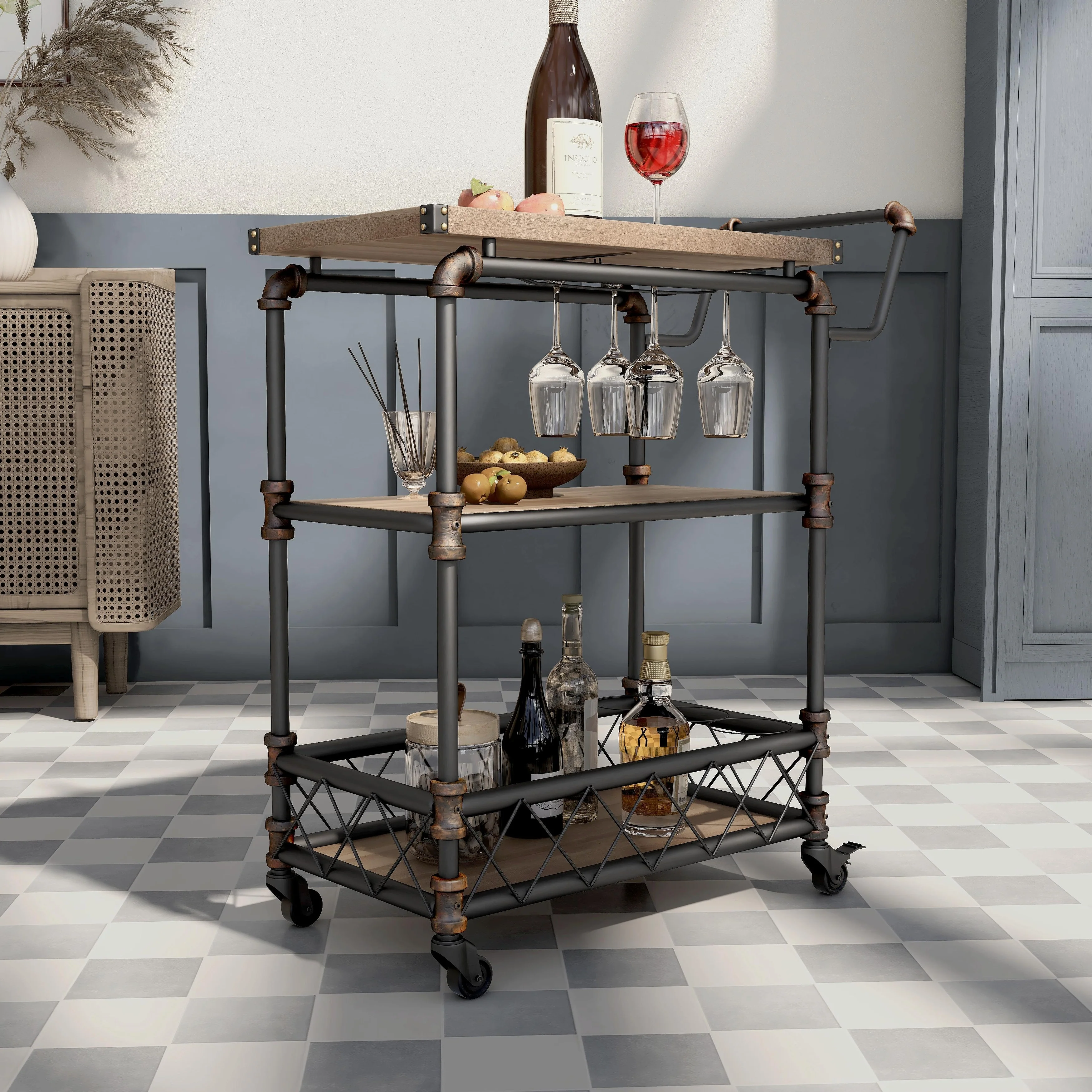 Herman Industrial Antique Black Metal 2-Shelf Serving Cart by Furniture of America