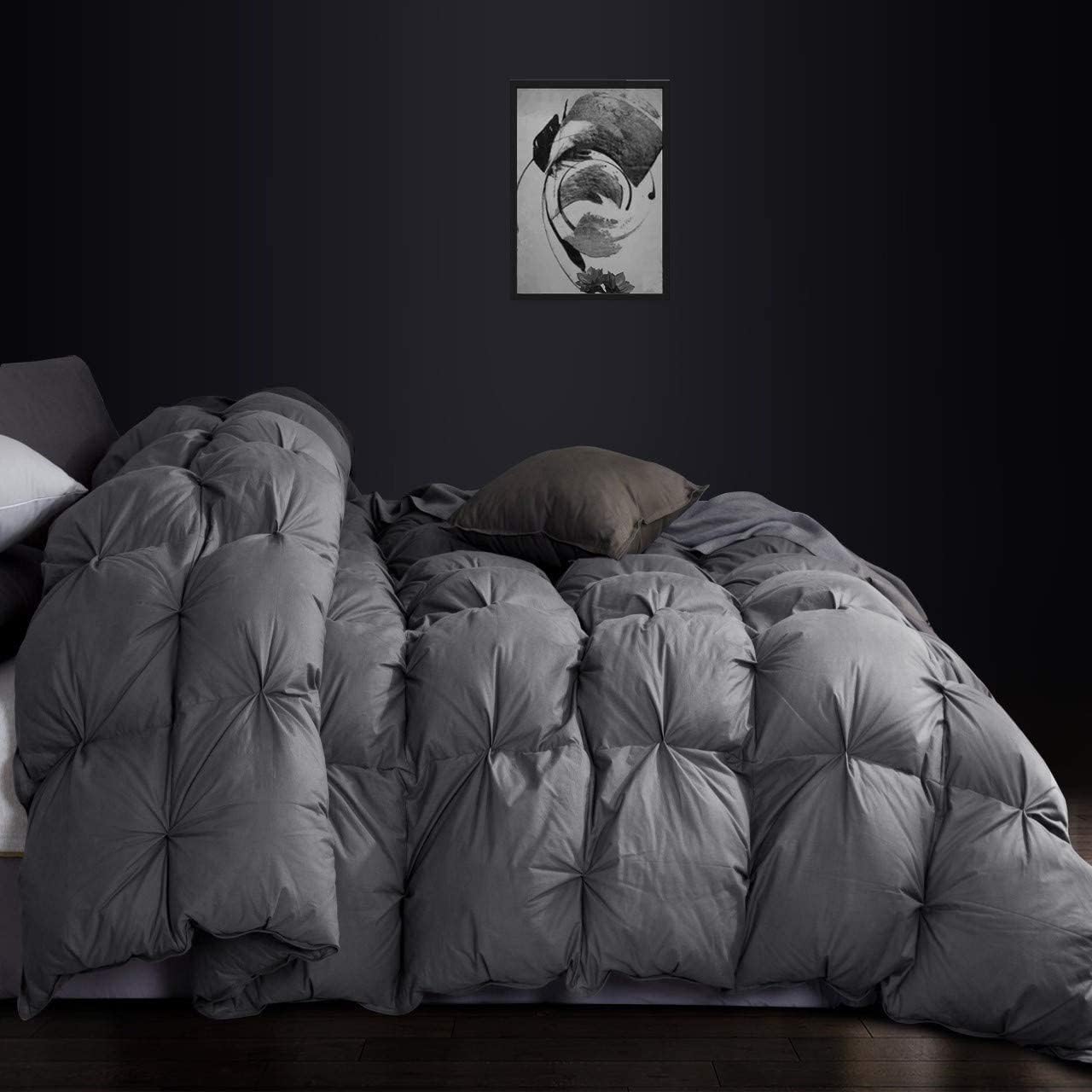 Luxurious All-Season Goose Down Feather Fiber Comforter Queen Size Duvet Insert, Exquisite Pinch Pleat Ruffled Twisted Flower, Premium Baffle Box, 100% Egyptian Cotton Cover, 60 oz. Fill Weight, Gray