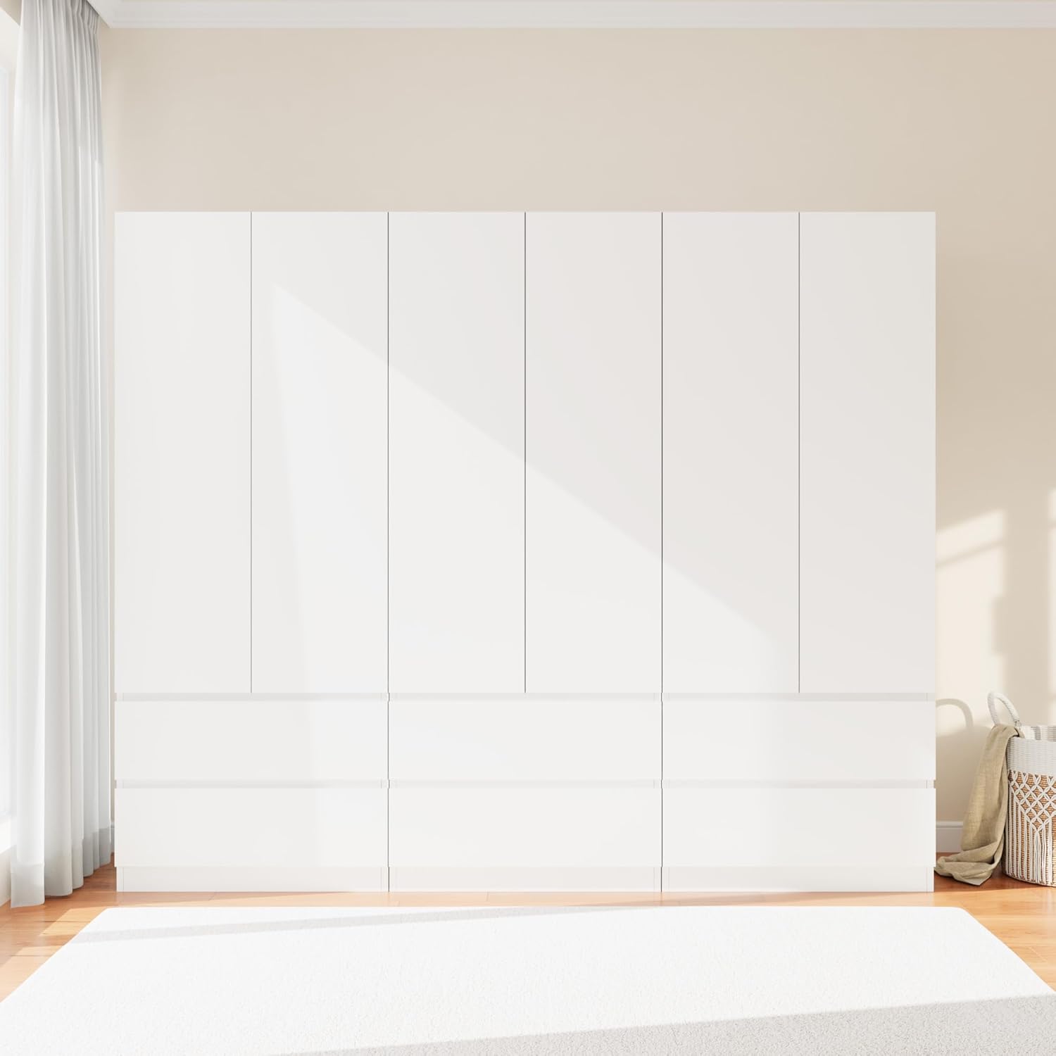 Armoire Wardrobe Closet with 6 Doors, Wooden Wardrobe Cabinet with 6 Drawers, Hanging Rod & Shelves, Freestanding Closets for Bedroom (White, 3)