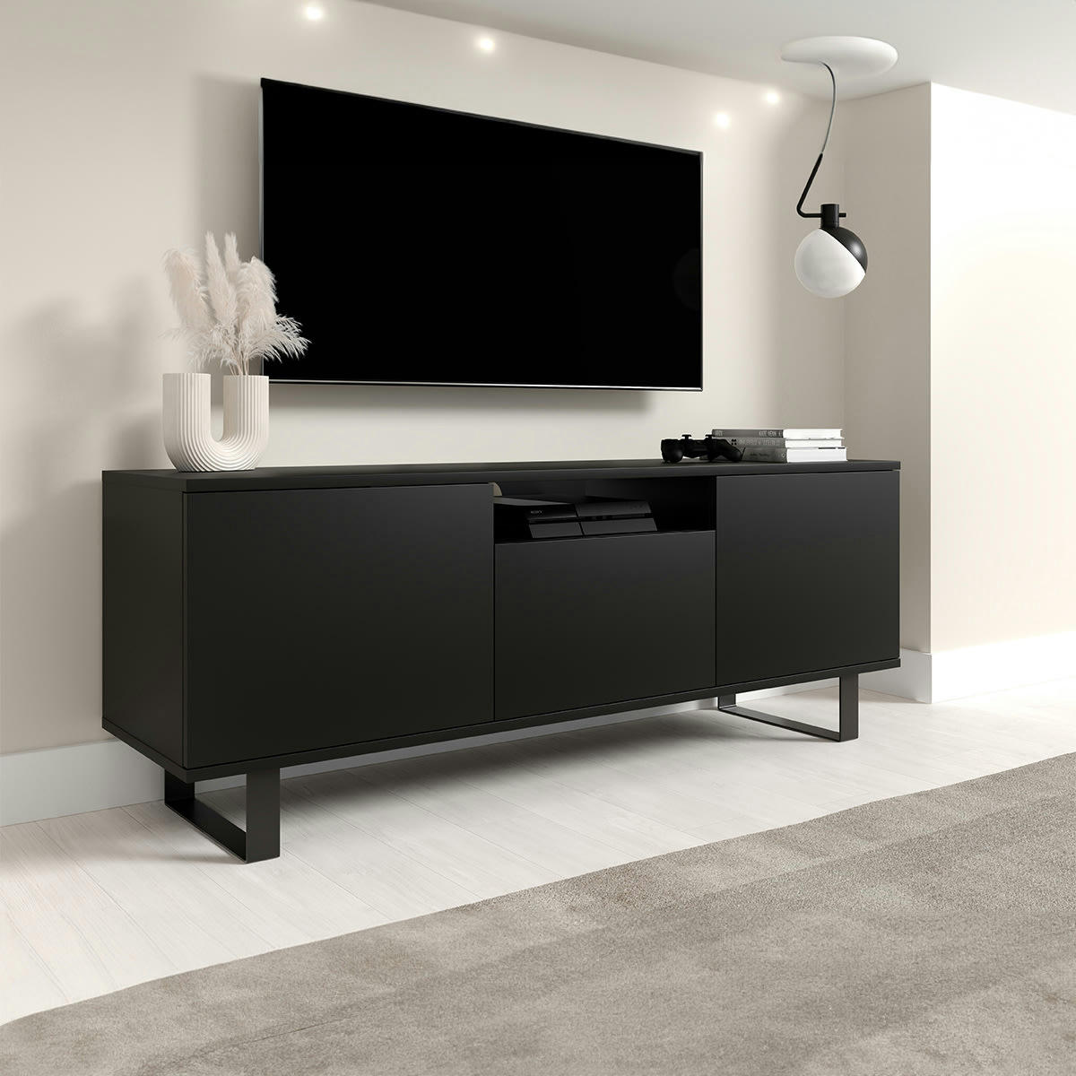 - Meuble TV 3 portes 150 cm stratifiés, métal noir