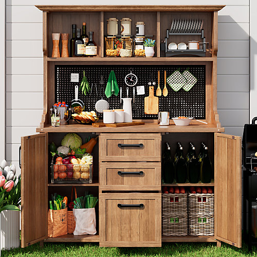 Armoire de jardin en sapin massif - 3 tiroirs, panneau perforé et étagères réglables - style vintage - Naturel