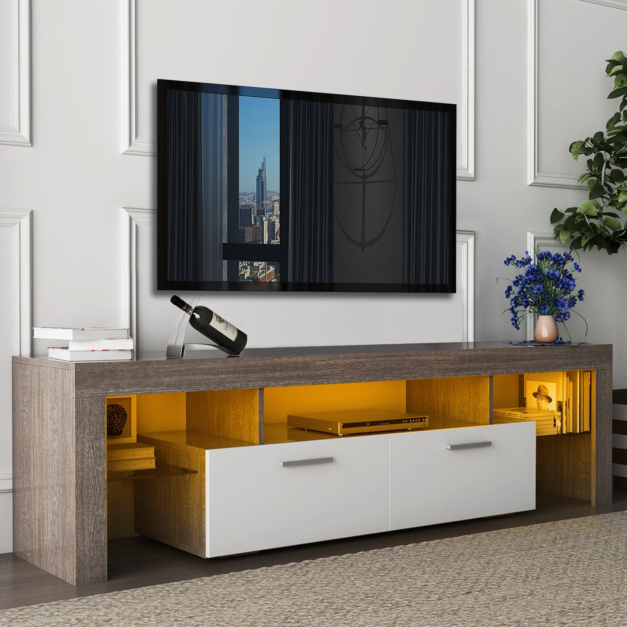 63 Modern LED TV Stand, Wood Entertainment Center with Cabinet - 62.99×13.8×17.7in