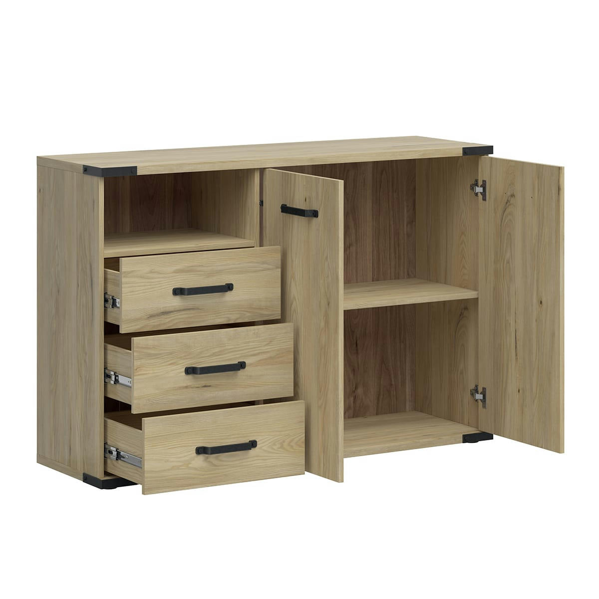 - Commode 3 tiroirs 2 portes naturel et noir