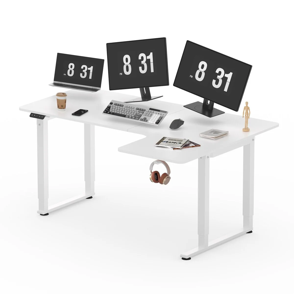 FlexiSpot L-Shaped Height Adjustable Standing Desk 4 Legs Dual Motors Home Office Computer Desk White/Black