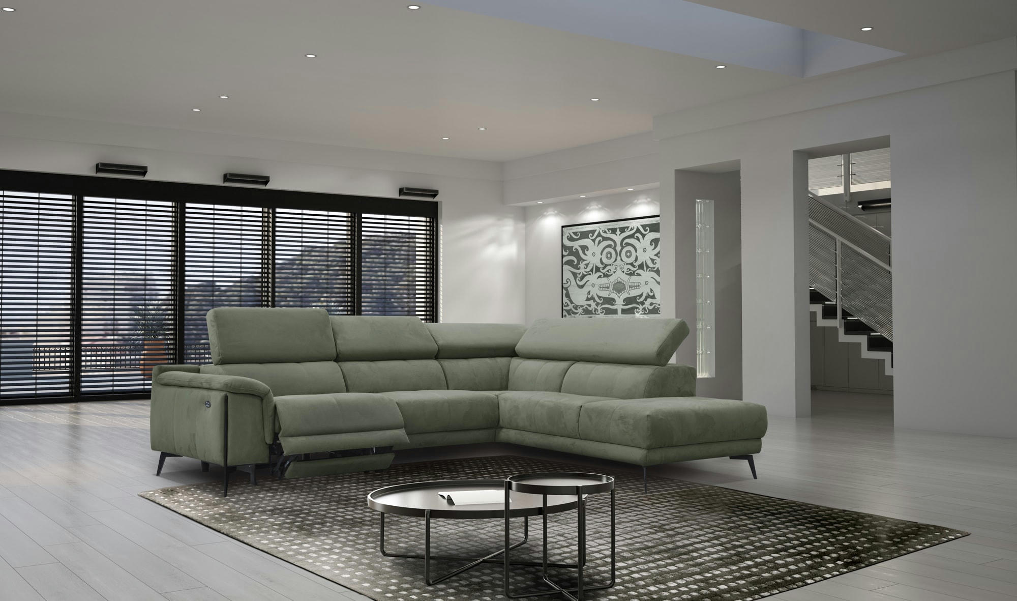 MATERA - Canapé d'angle droit 5 places avec une relax électrique, Tissu Vert