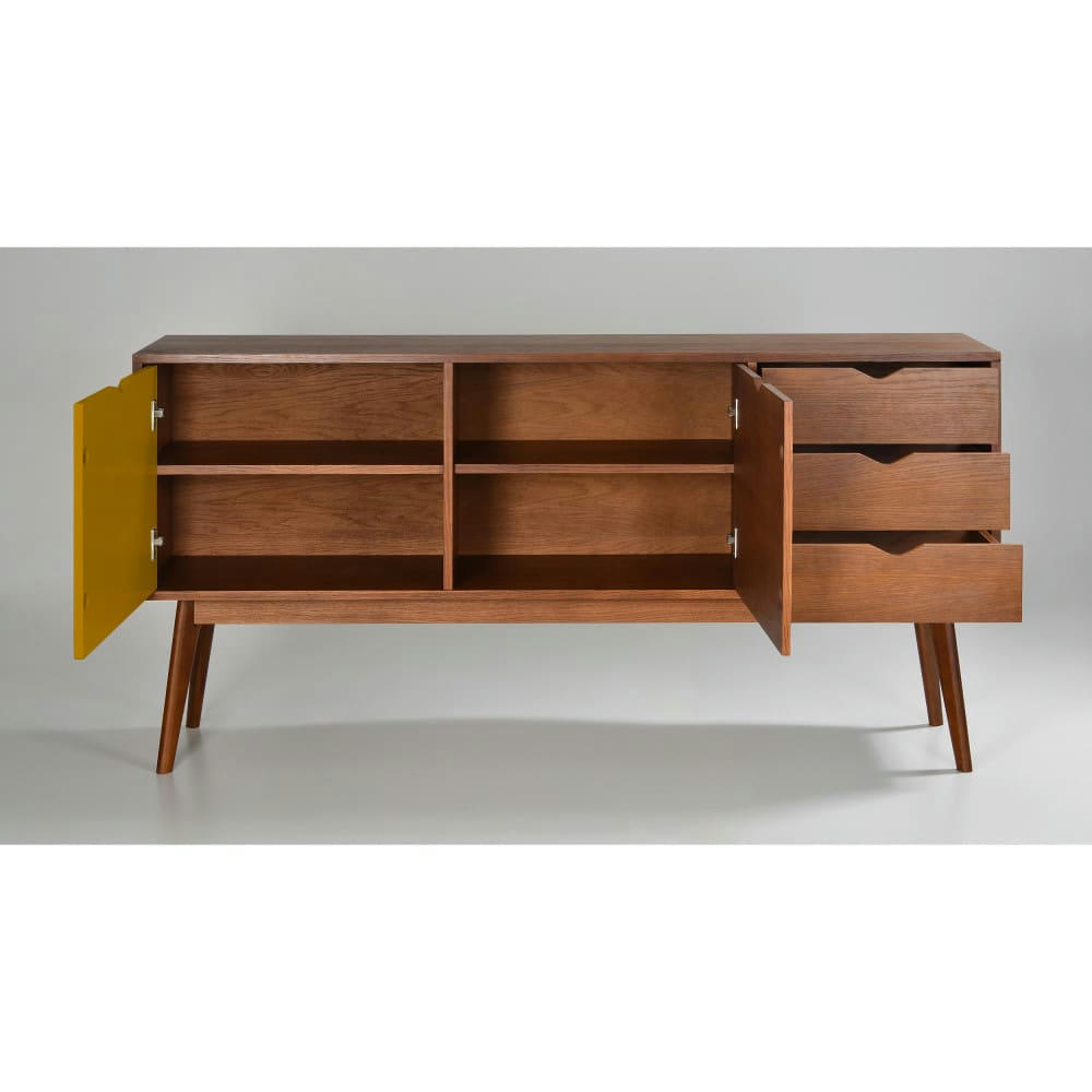 STRÖM - Buffet design 2 portes 3 tiroirs teinté noyer L170 cm porte ocre