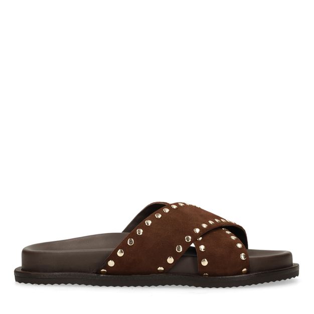 Bruine suède slippers met goudkleurige studs