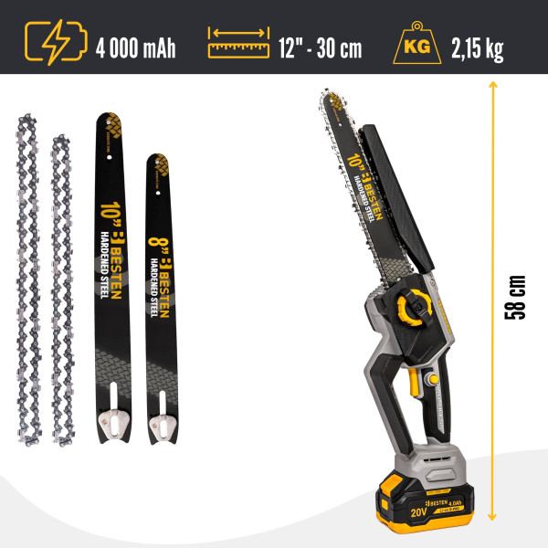 Piła łańcuchowa pilarka BESTEN 20V 8"/10" bezszczotkowa 2x4Ah do gałęzi