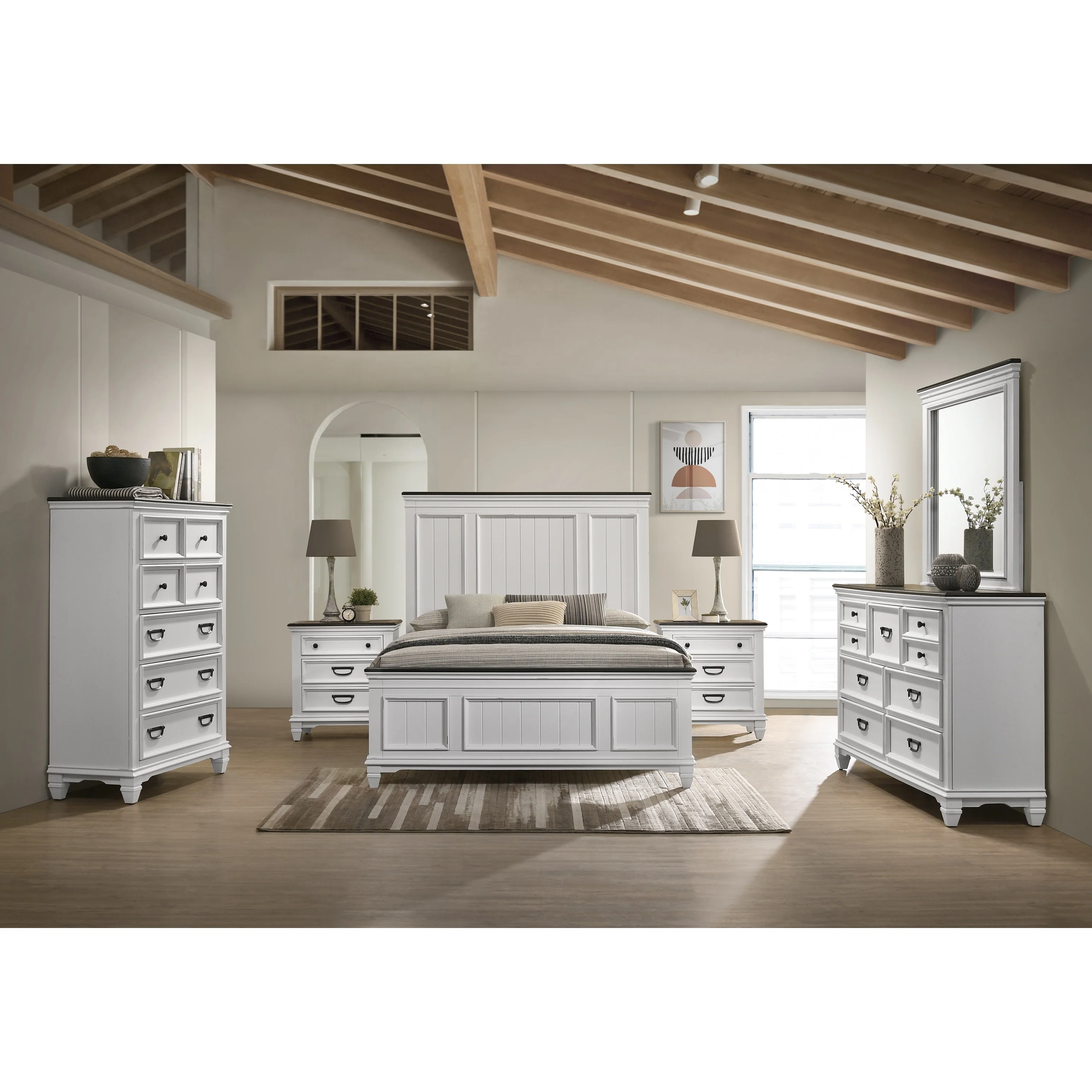 Roundhill Furniture Clelane Wood Bedroom Set with Bed, Dresser, Mirror, Two Nightstands, and Chest
