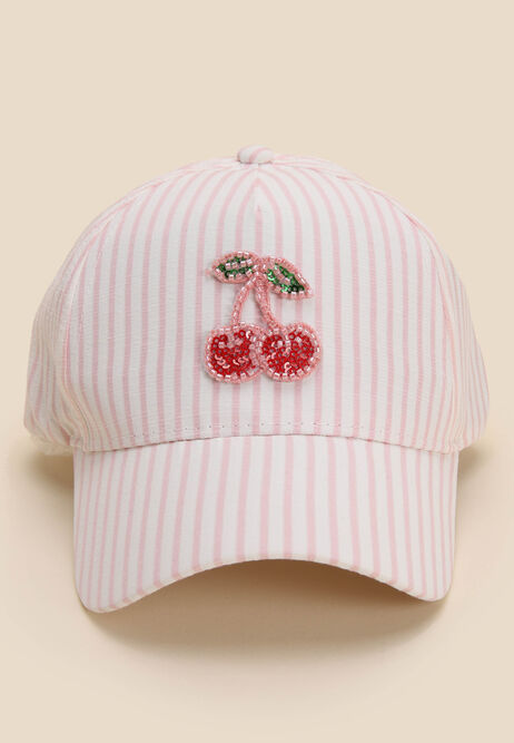 Younger Girls Pink Stripe Cherry Baseball Cap