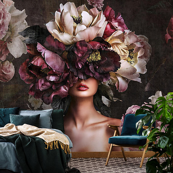 Papier Peint Panoramique Intissé Fleurs Femme 350x250 cm - Colle Inclus - Moderne XXL Papier Peint por Chambre Salon