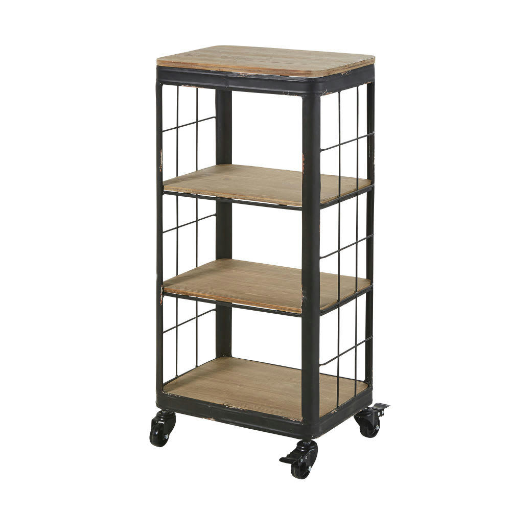 GEORGES - Etagère en bois de sapin et métal noir à roulettes
