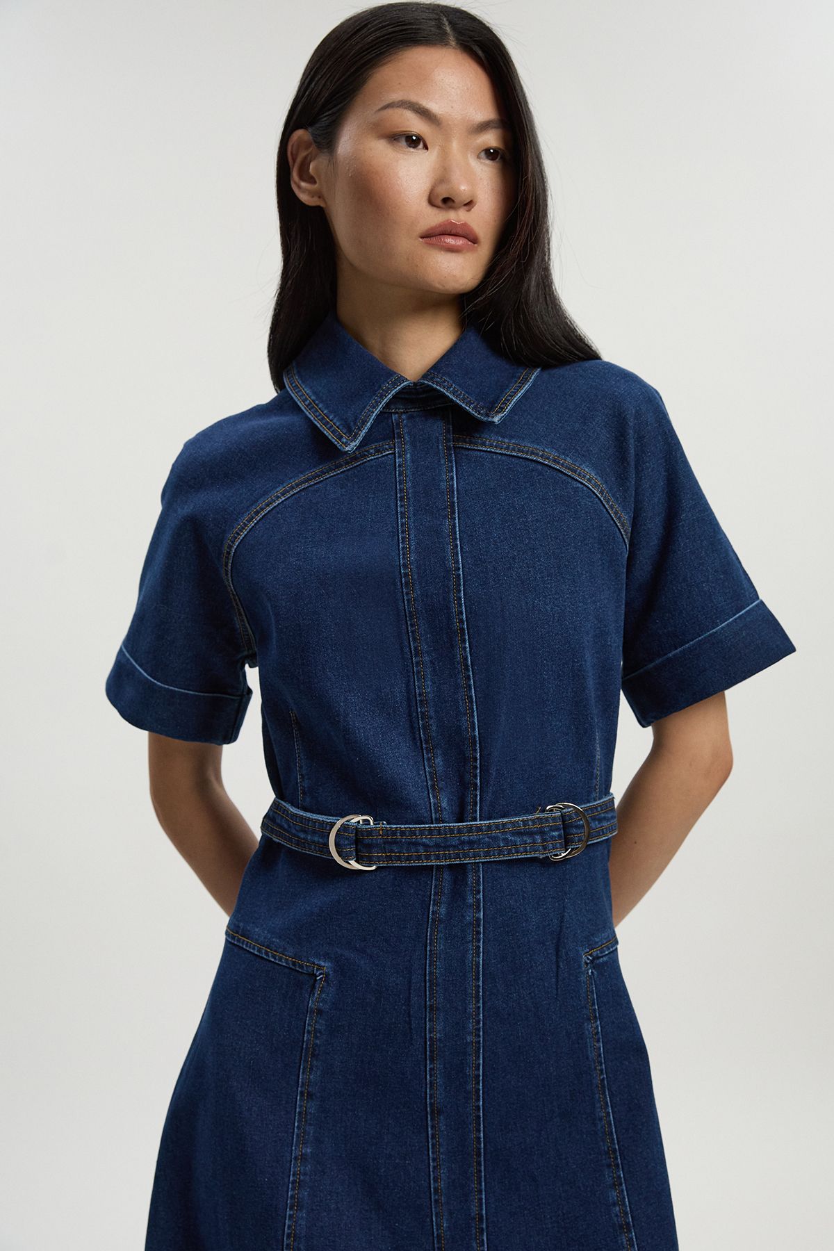 KarenMillen Stretch Denim Tab Belt Detail Midi Dress
