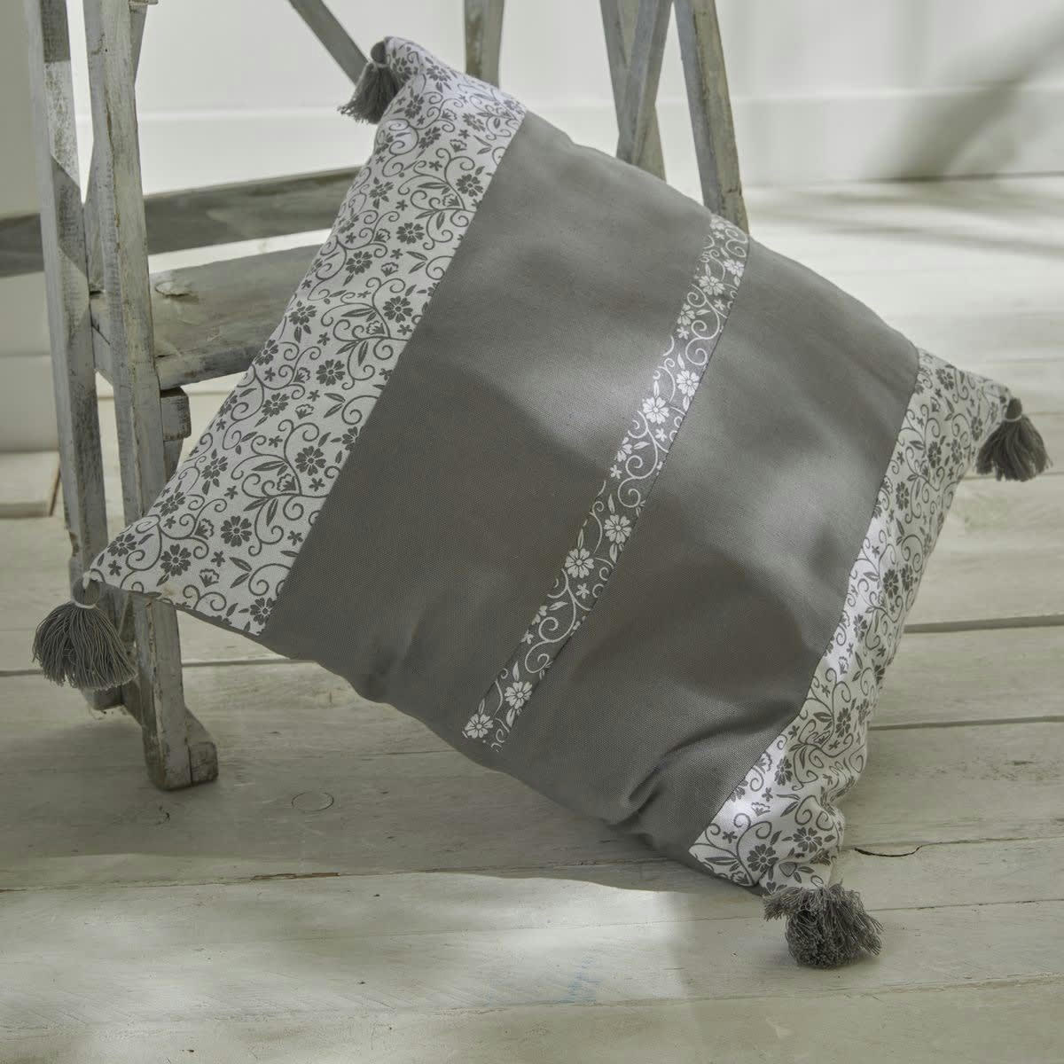 CHARME - Coussin à pompons imprimé en coton gris 45x45