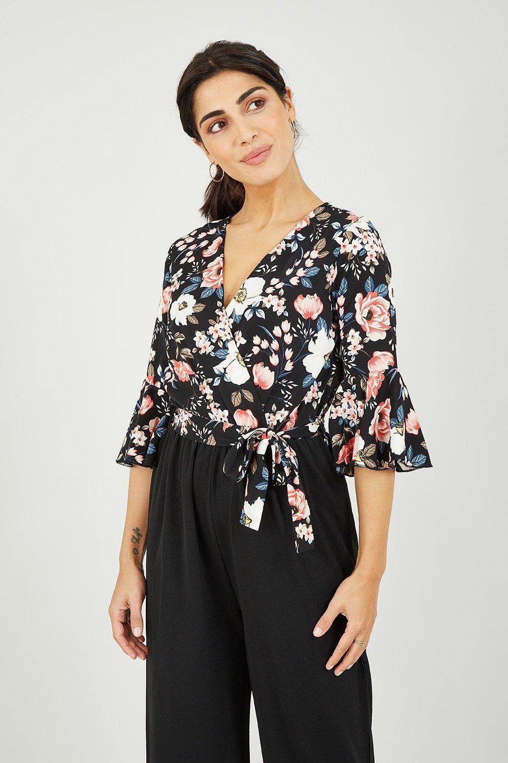 Mela Black Two Tone Wrap Front Floral Jumpsuit