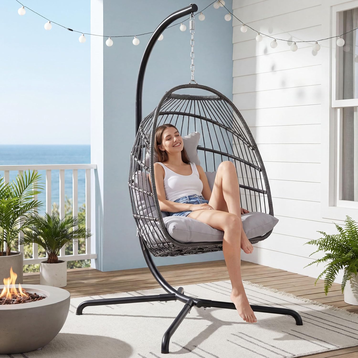 RADIATA Rattan Swing Egg Chair with Stand Outdoor, Comfy Hanging Wicker Chairs with Soft Cushion, Stable 350Lbs Patio Swinging Chair for Adults Bedroom Balcony Indoor Porch Outside, Light Gray