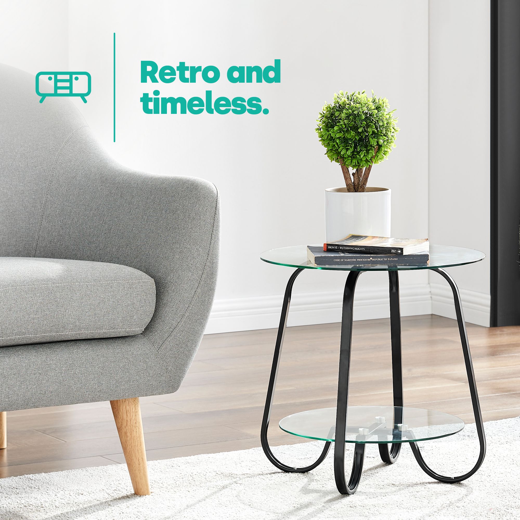 LIVIVO Round Glass Coffee Table Black 2 Tier Side Table