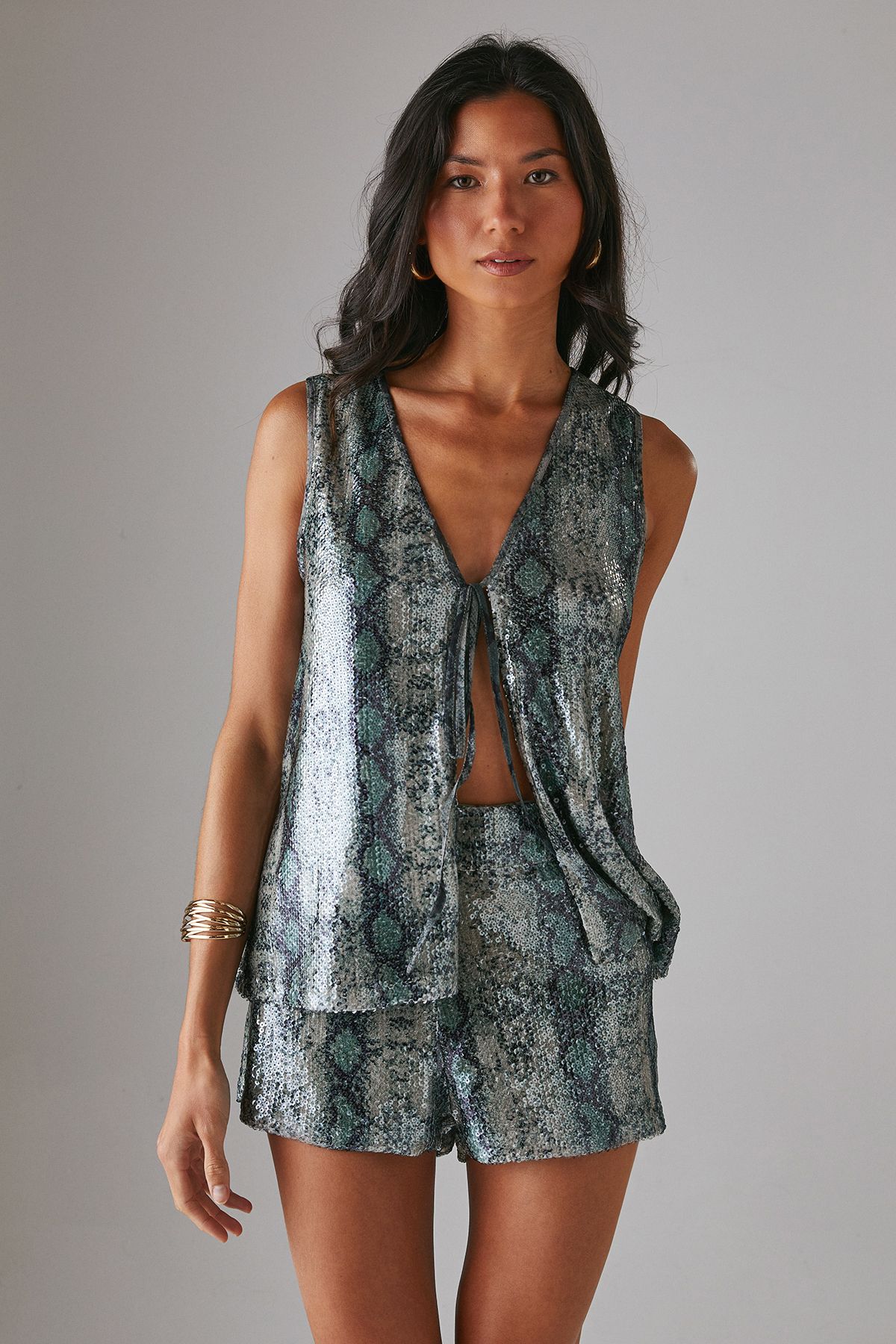Warehouse Snake Sequin High Waisted Hot Pant Shorts