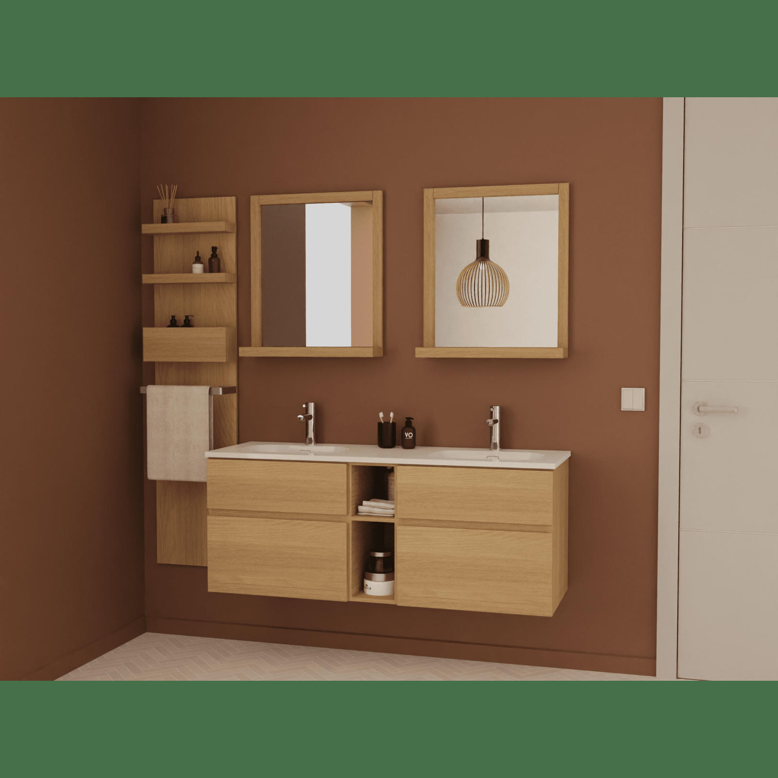ENIO - Meuble sous vasque chêne avec plan résine  140cm + miroir + colonne