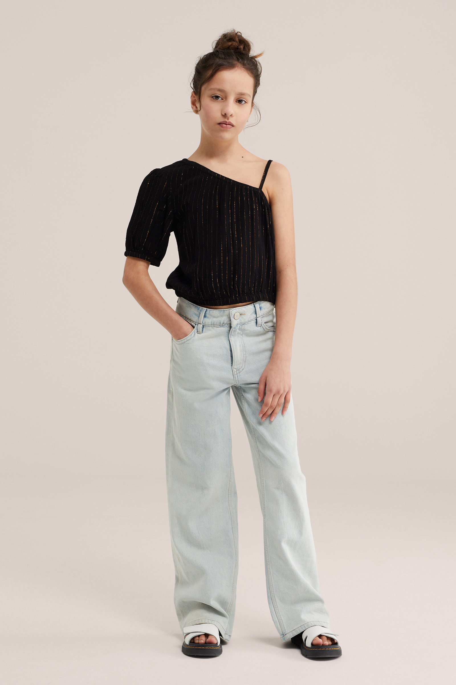 Meisjes one-shoulder top met glittergaren