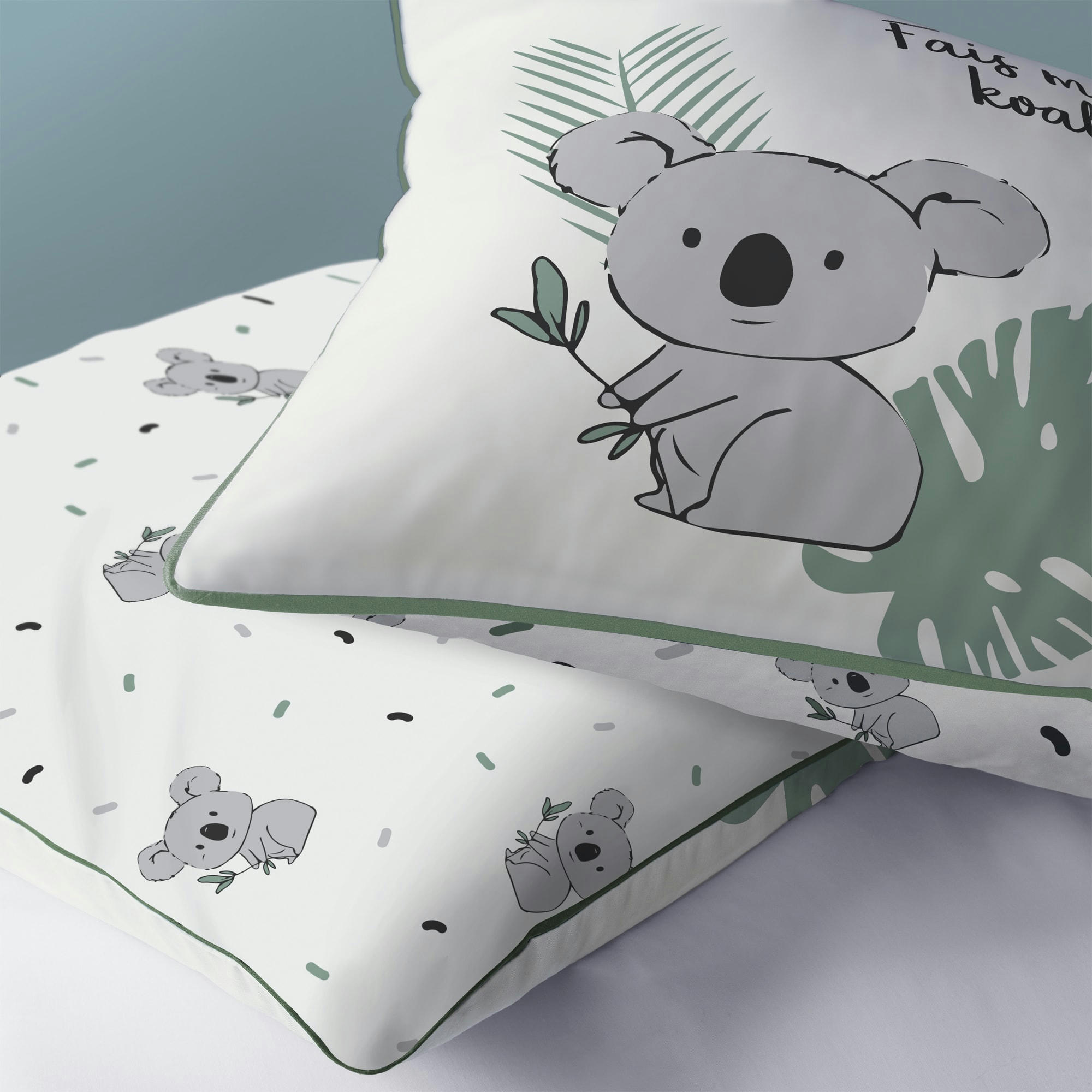 KOALAS - Parure de lit imprimée en coton Ecru 140x200+63x63cm