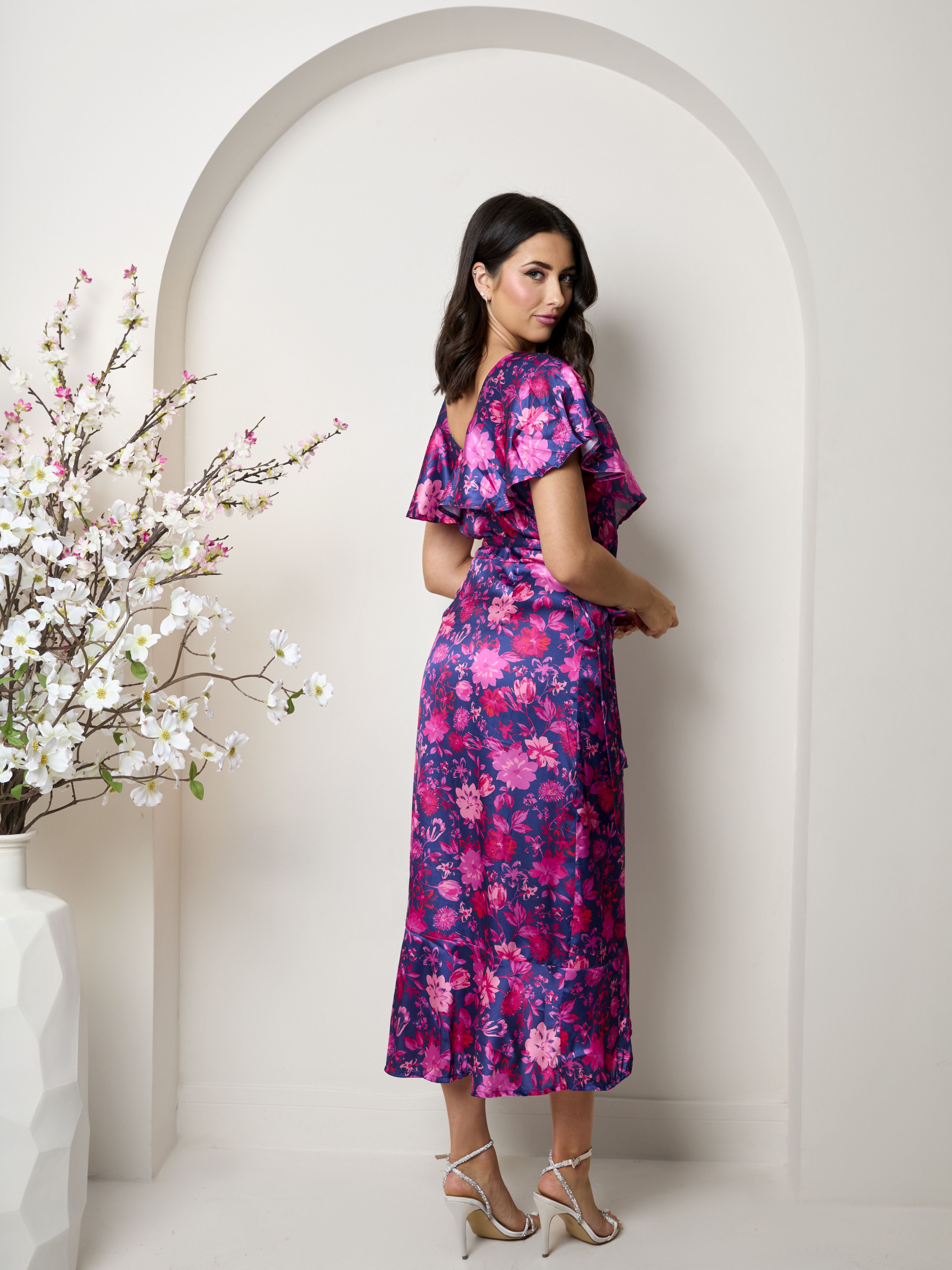 Chi Chi London V Neck Floral Wrap Midi Dress in Multi