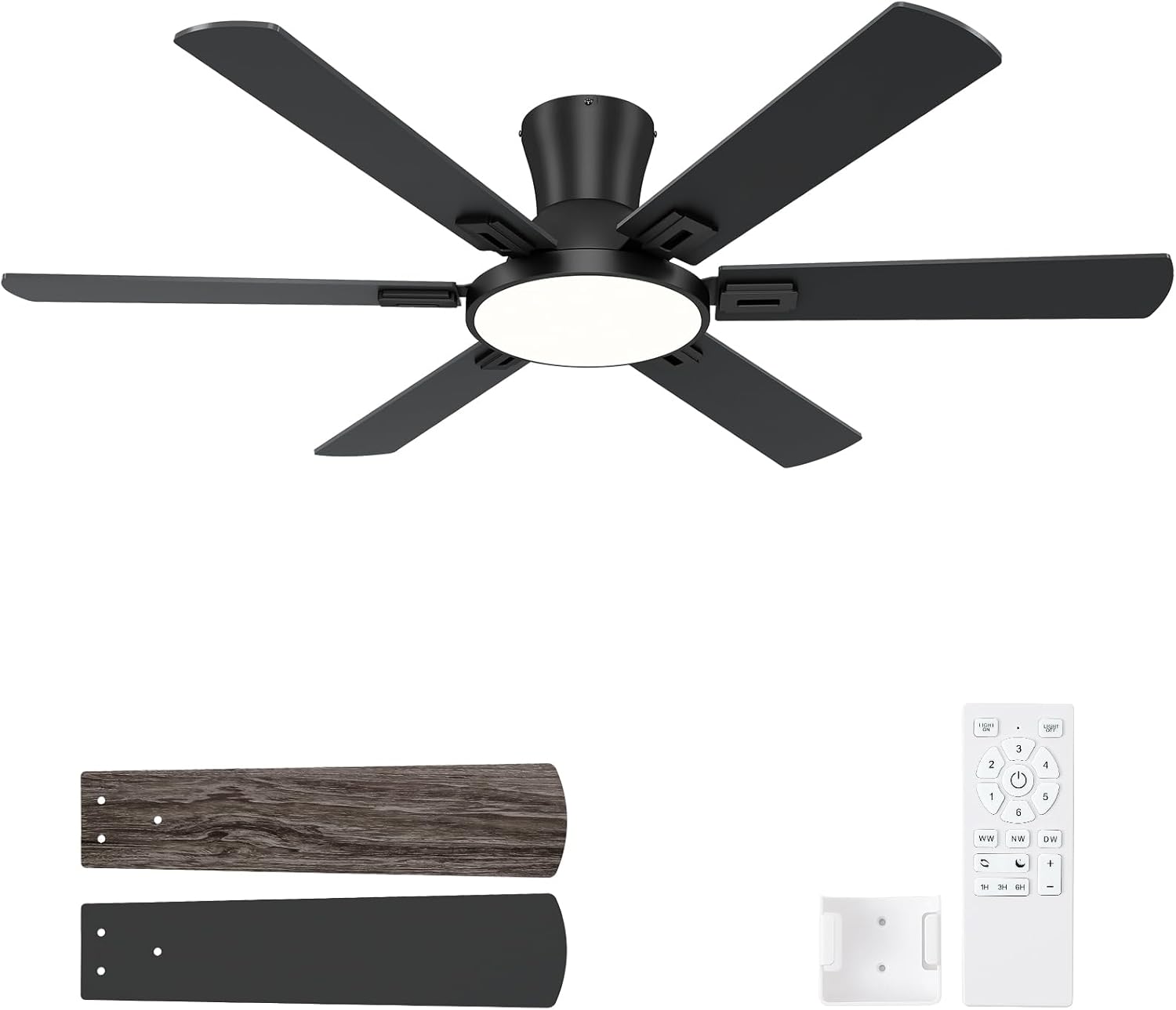 52 Inch Black Ceiling Fan with Lights and Remote, Flush Mount Low Profile 6 Blades with 10 Inch Lighting Fixture, Quiet Reversible DC Motor for Living Room, Bedroom and Patio