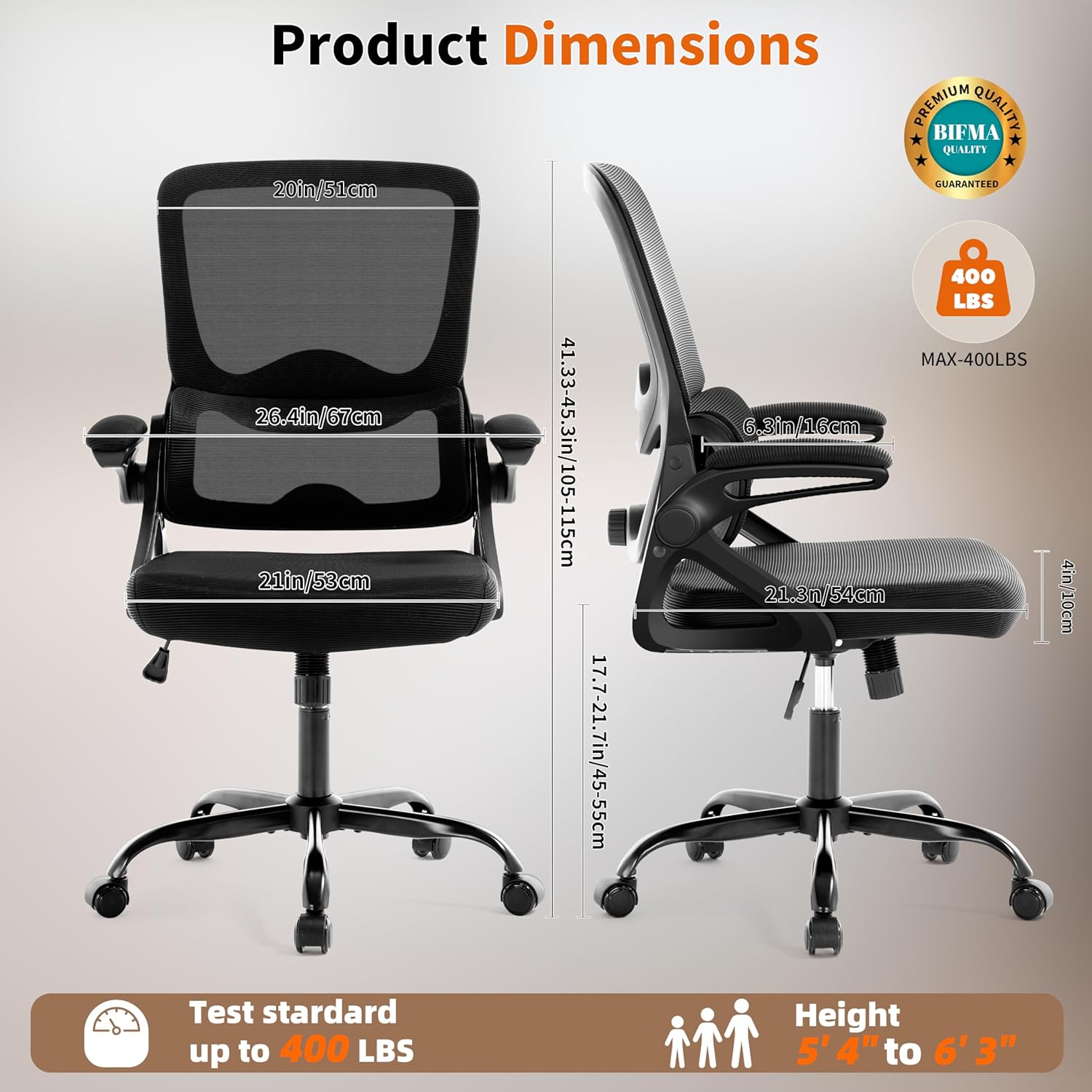 Ergonomic Office Chair,Mesh Office Chair with Lumbar Support,Mid Back Desk Chair with Flip-up Arms,400 lbs Comfy Computer Chair for Home Office