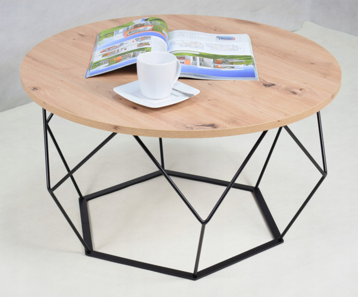 Okrągły Stoliczek Kawowy DIAMENT Loft Salon 75x75x43 Czarny Dąb Artisan