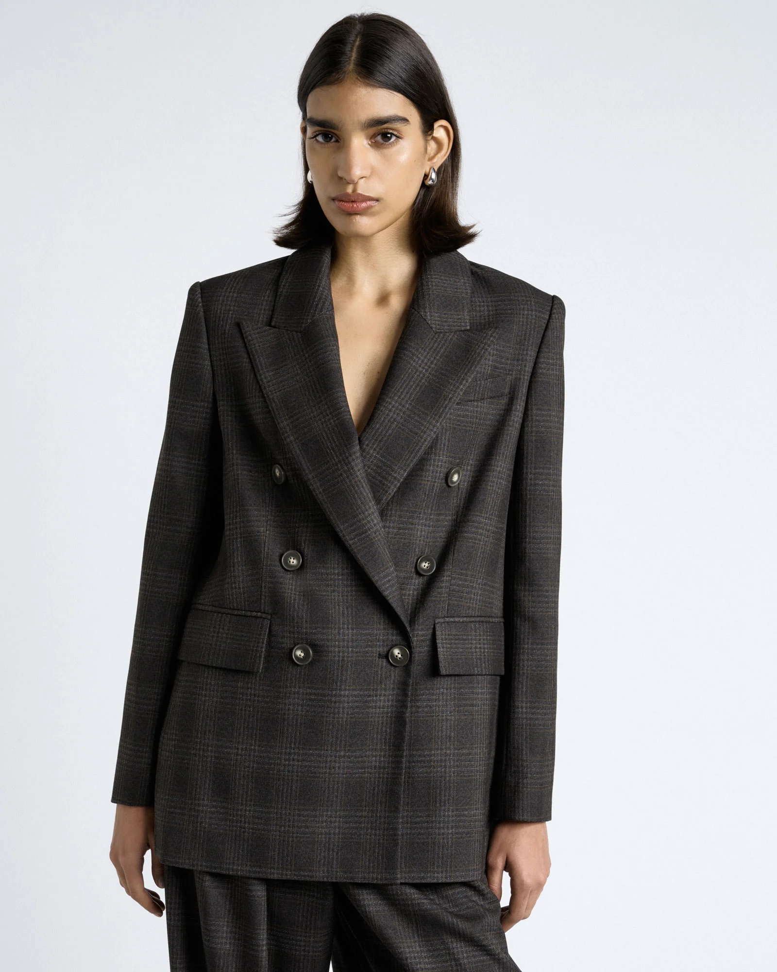 Brushed Prince of Wales Tweed Double Breasted Blazer