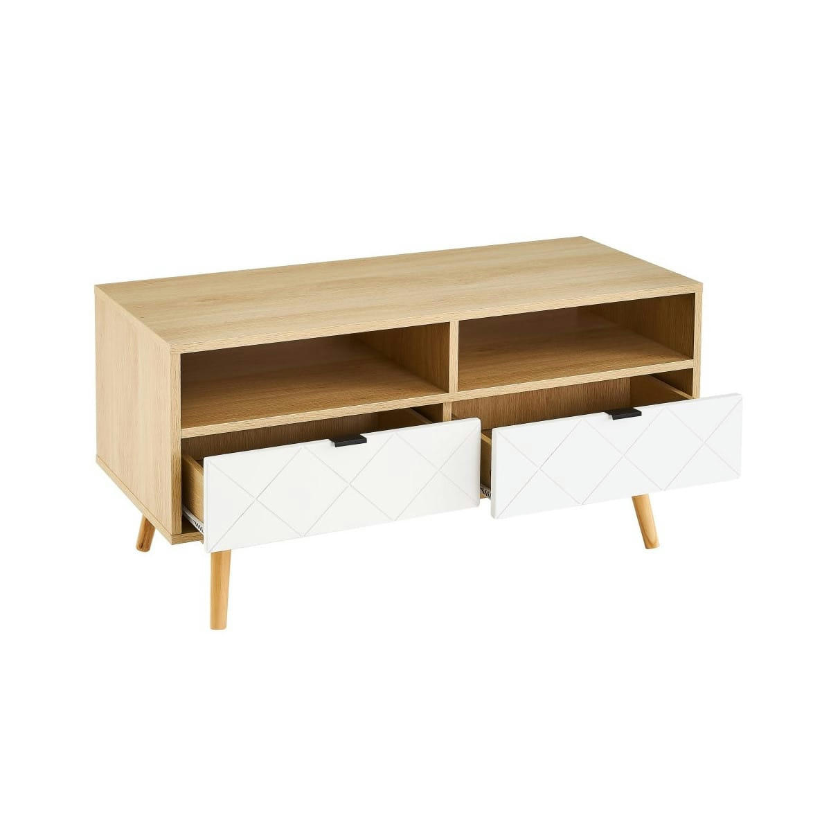 - Meuble de télévision bois et blanc 2 tiroirs losanges 91,5x39x48cm