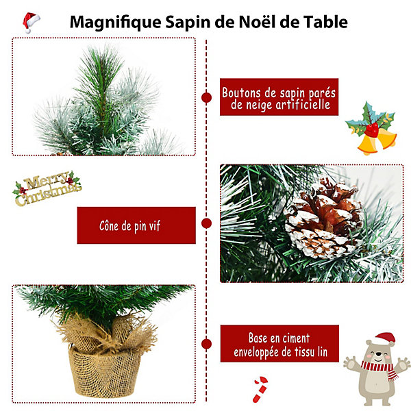 60CM Sapin de Noël Artificiel de Table, 34 Branches en PVC 14 Aiguilles de Pin, avec 8 Pommes de Pin, Base en Ciment