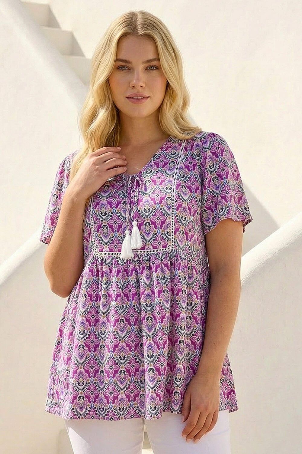 Roman Curve Tie Front V-Neck Boho Printed Top