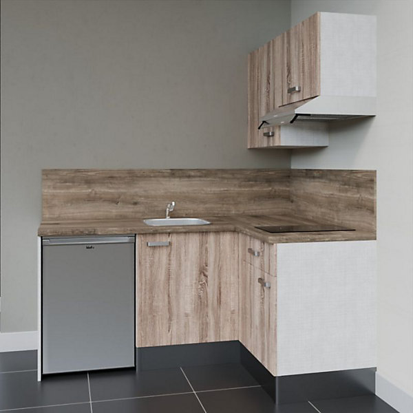 Kitchenette KA02 façades Bois - Plan de travail Bois - Crédences : Oui - Evier inox - Electroménager Inox inclus