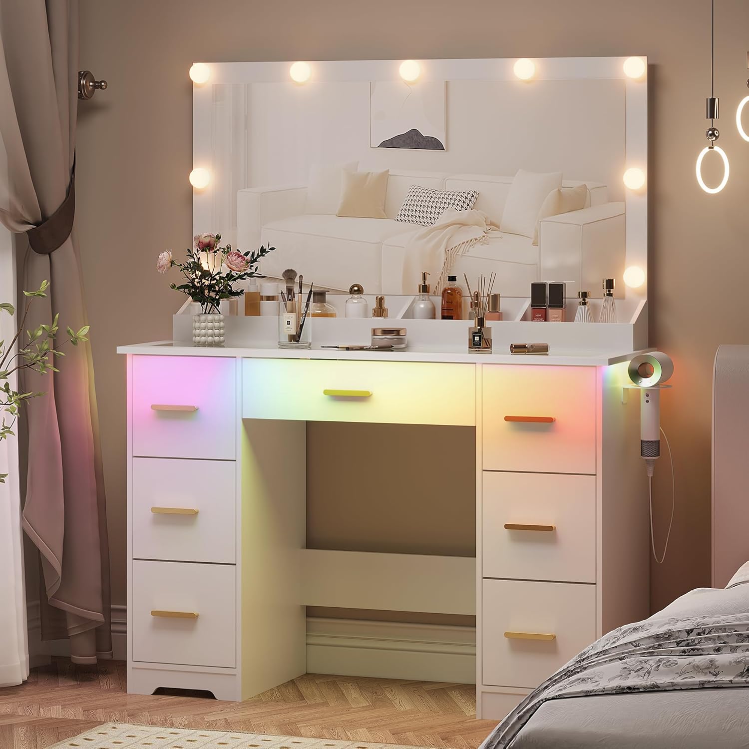 44 Vanity Desk with Mirror and Lights, Glass Top Makeup Vanity with RGB Ambient Lights & 7 Drawers, Large Dressing Table with Power Outlet for Bedroom, White