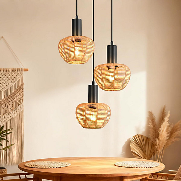 Nettlife Suspension Rotin Boho 3 Lampes - Lustre Vintage Tressé Corde Chanvre E27 (Sans Ampoule)