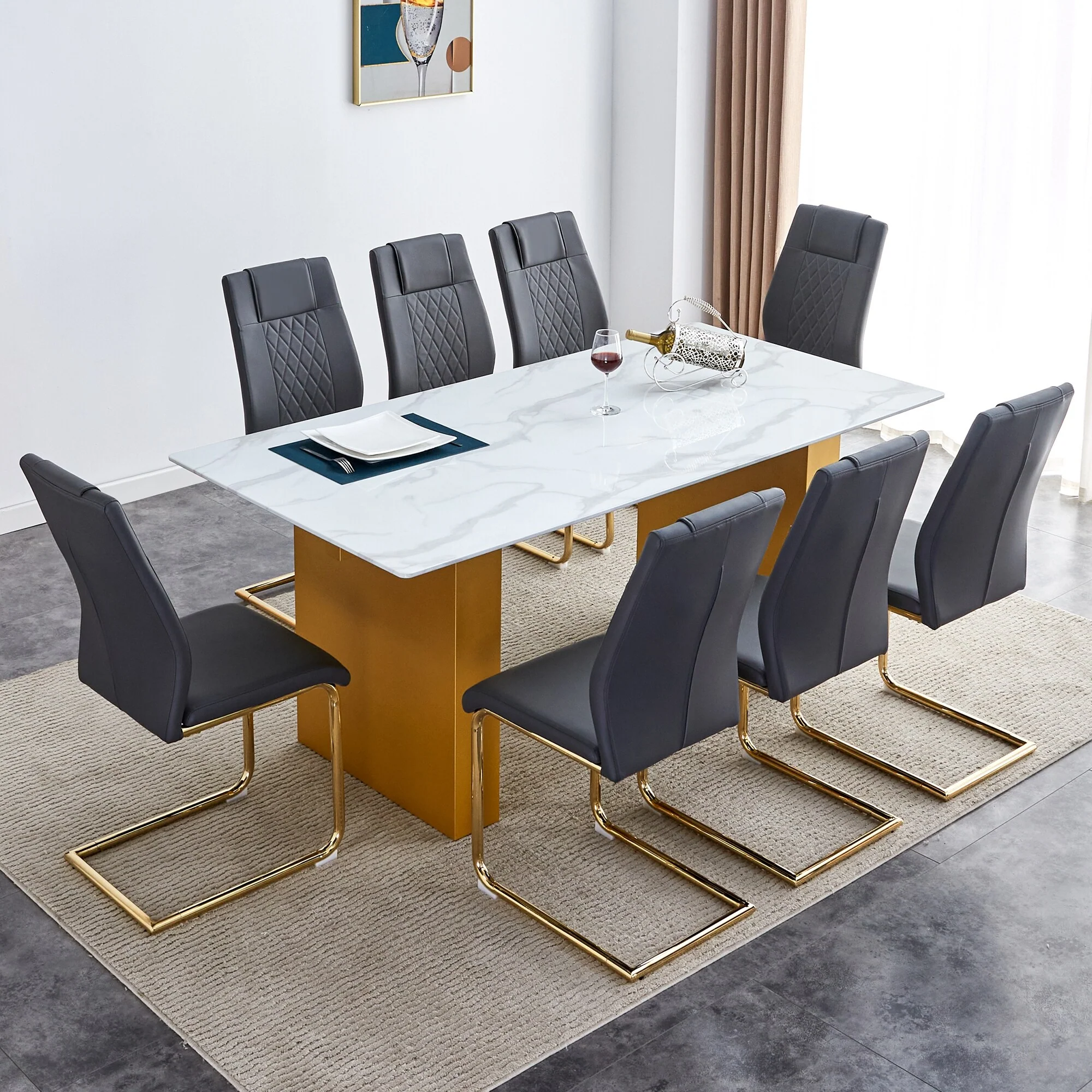 Modern Style Dining Set with Rectangular Table and High Back Faux Leather Dining Chairs