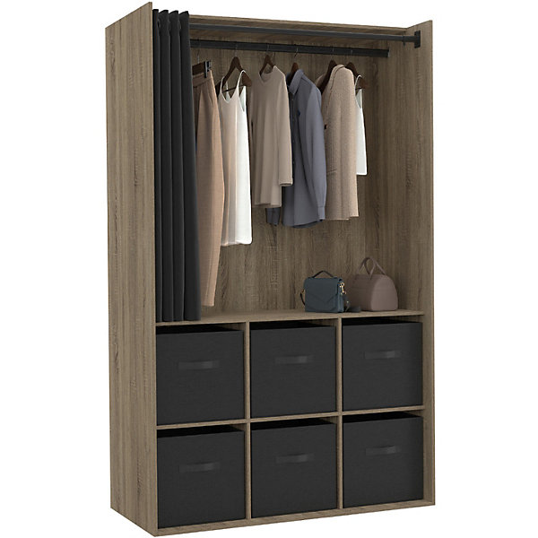 Dressing penderie DIANE 104 x 50 x 172 cm hêtre avec 6 boites de rangement   rideau noir
