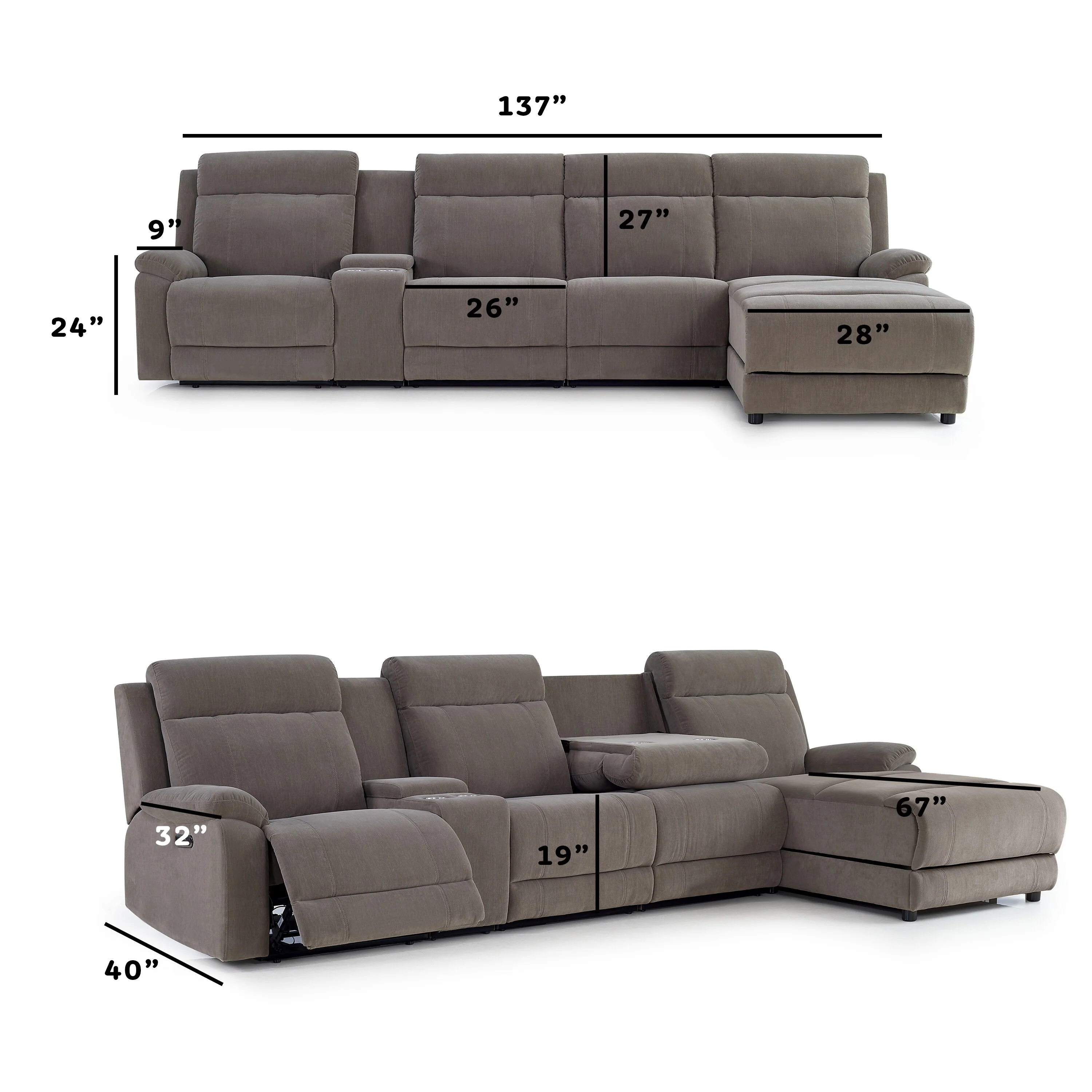 4 Person Grey Power Reclining Chaise Sectional with Storage Console