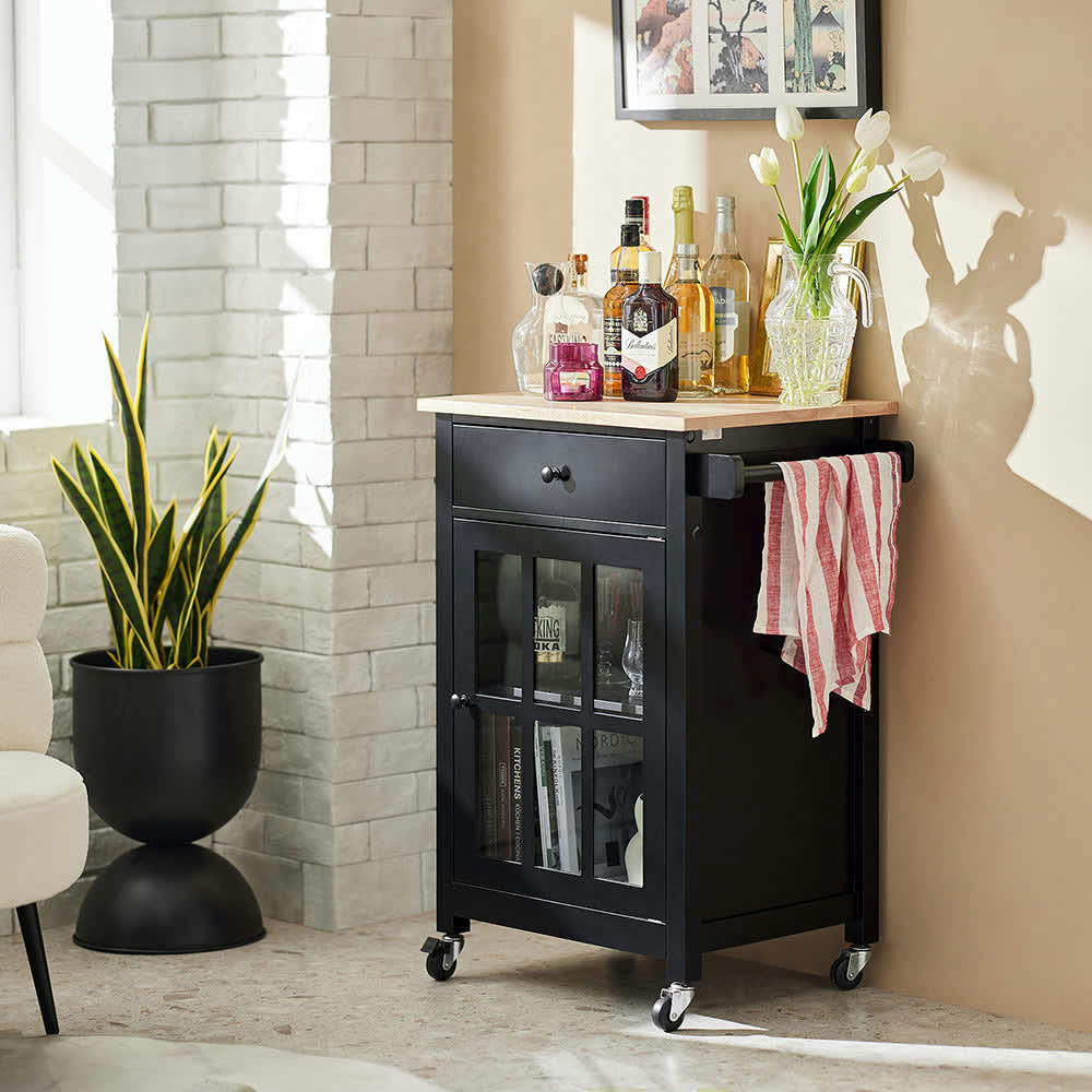 - Desserte effet bois noir à roulettes 1 tiroirs 1 porte