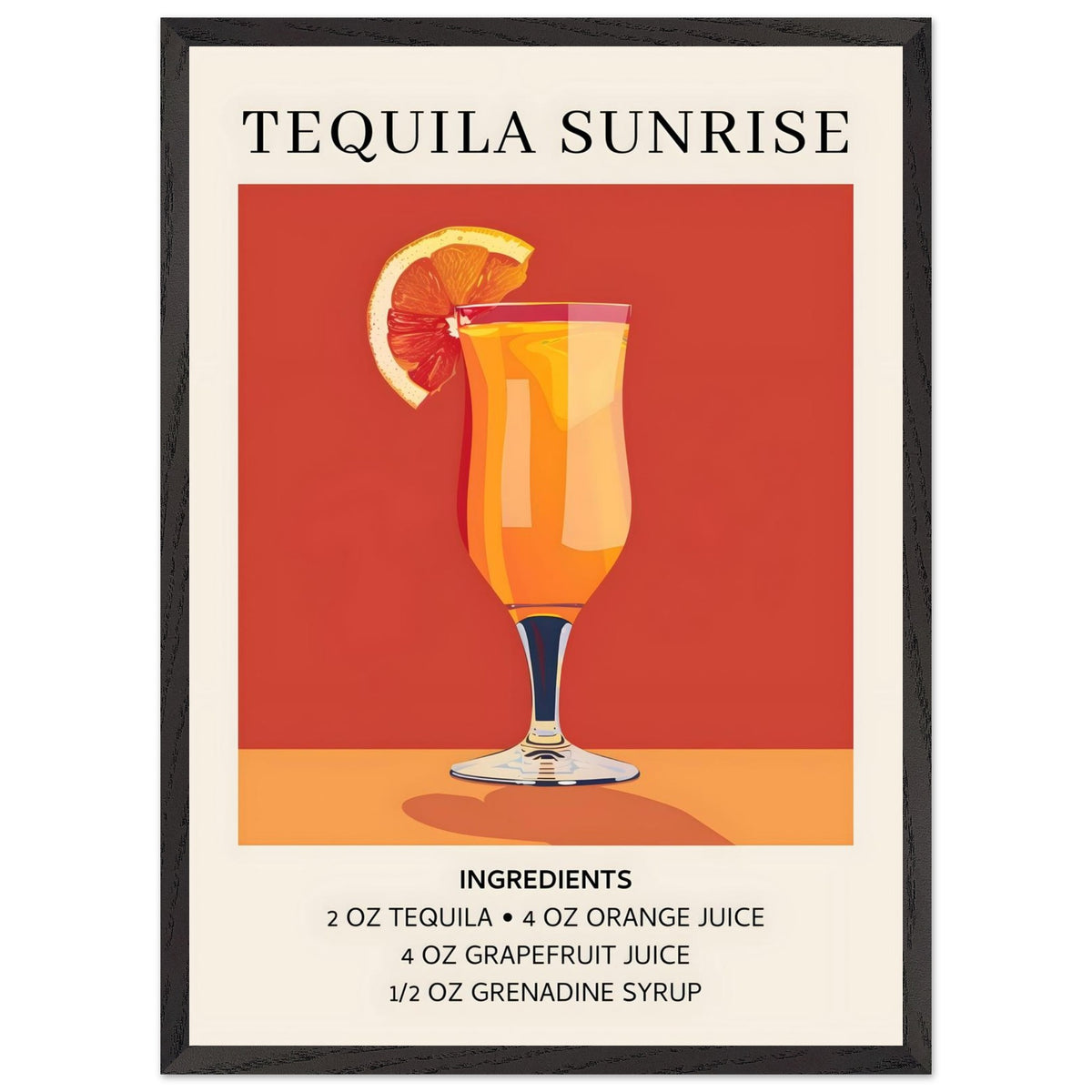 Artfulprints Poster met Lijst Tequila Sunrise cocktail - Ingrediënten  - 50x70 cm - Oranje