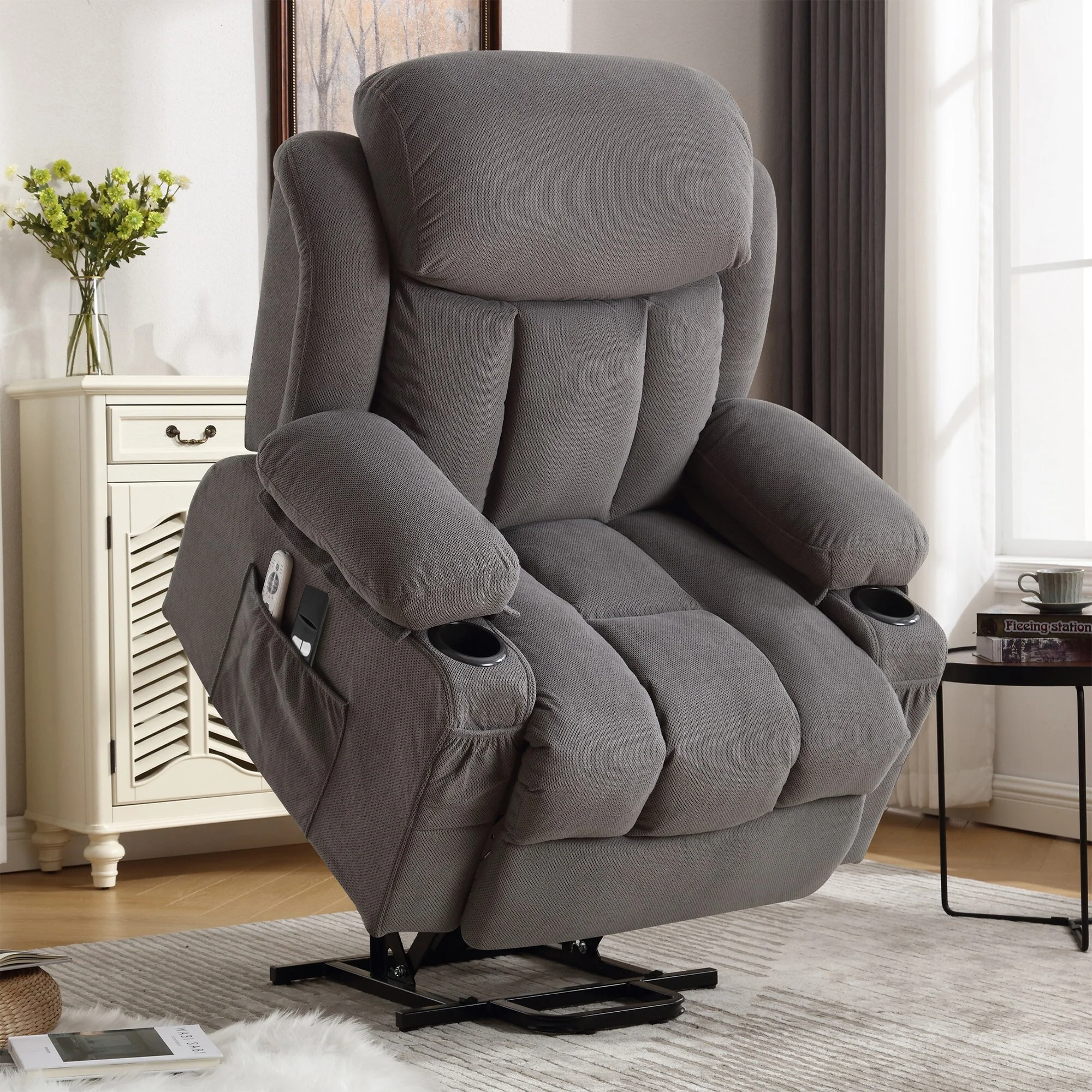 Recliner Chair with Heat and Massage Electric Fabric Recliner Chair with Side Pocket, USB Charge Port, Remote Control