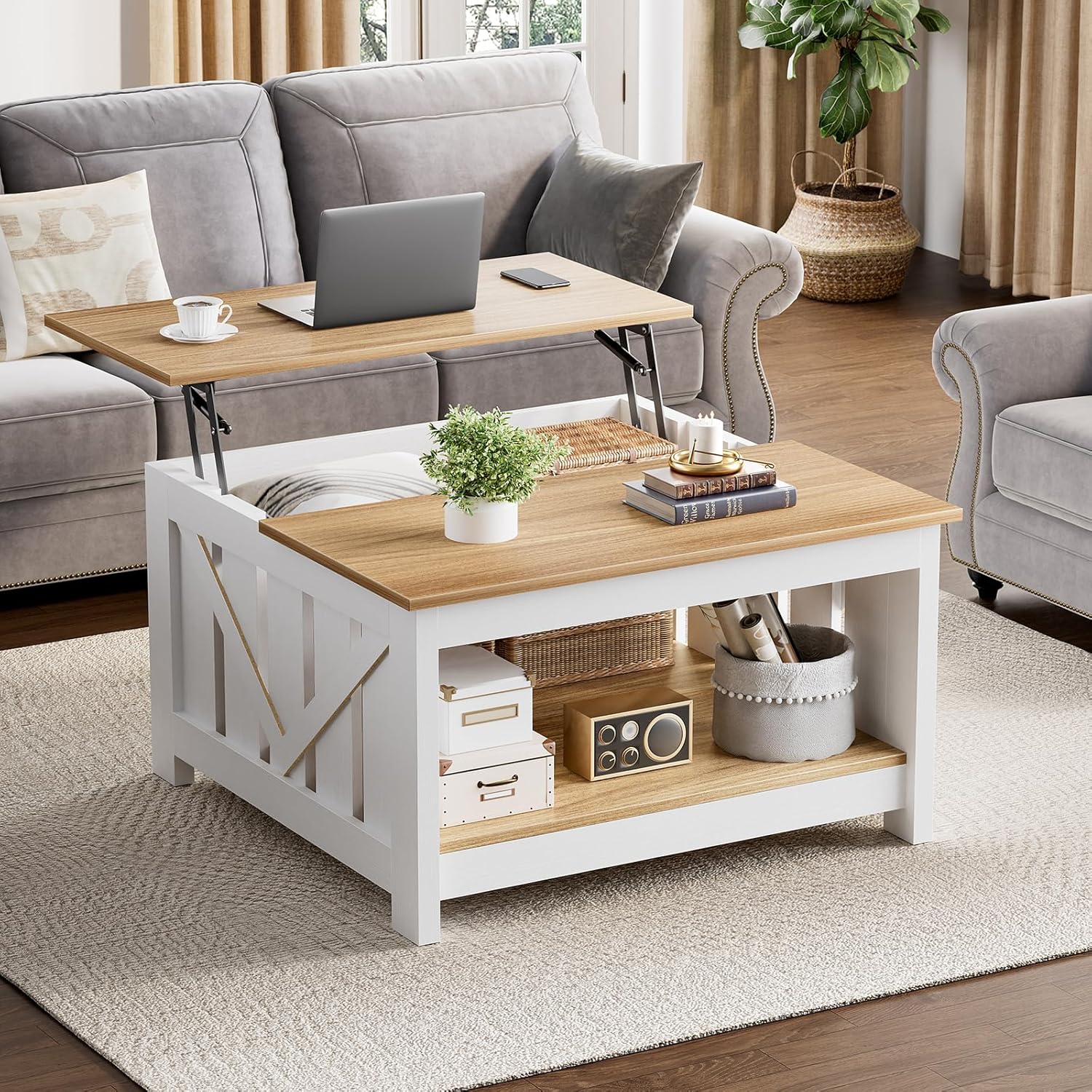 FABATO Lift Top Coffee Table, 31.5 Farmhouse Coffee Tables with Storage, Small Square Cocktail Tables, Wood Central Table for Living Room, Meeting Room, White