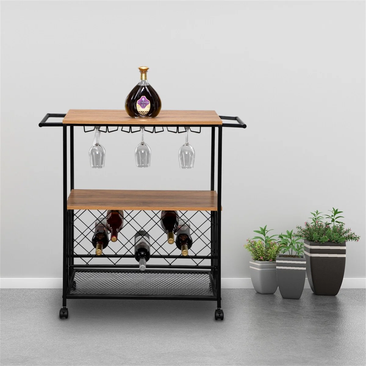 Industrial Wine Rack Cart Kitchen Rolling Storage Bar Wood Table