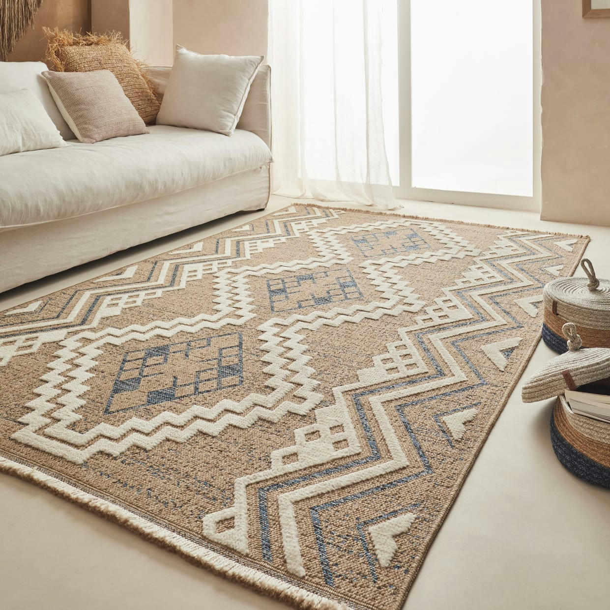 TULUM - Tapis intérieur et extérieur aspect jute ethnique bleu - 60x90